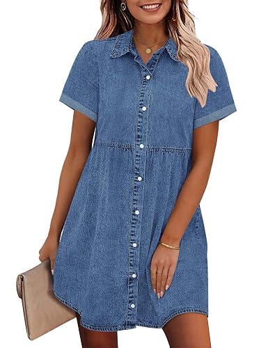 GRAPENT Denim Dress for Women Babydoll Tiered Short Sleeve Button
