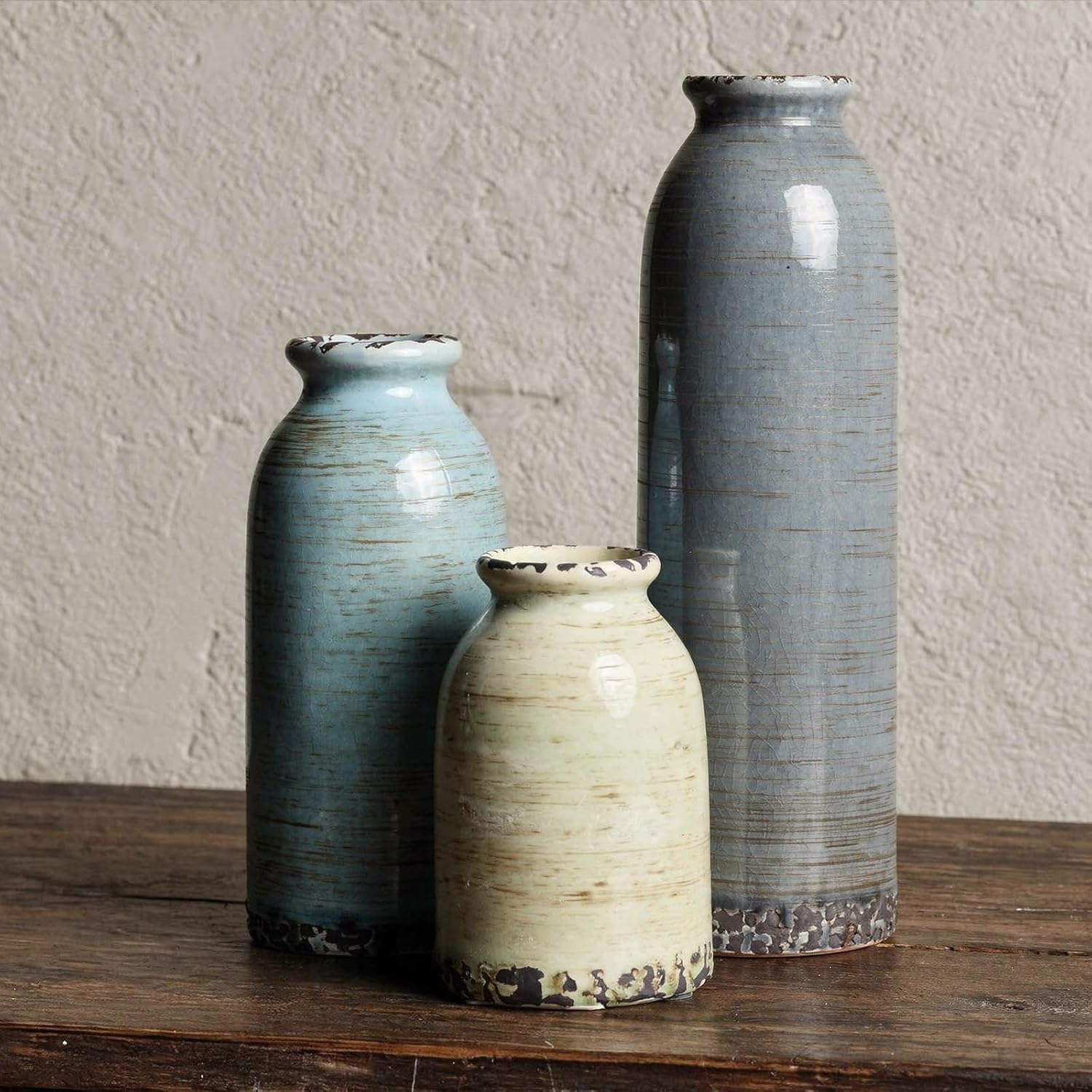 Morandi Ceramic Vase Set of 3 – Handmade Pottery Vases, Glazed Vintage Decor for Living Room, Table Centerpiece & Modern Rustic Home Styling