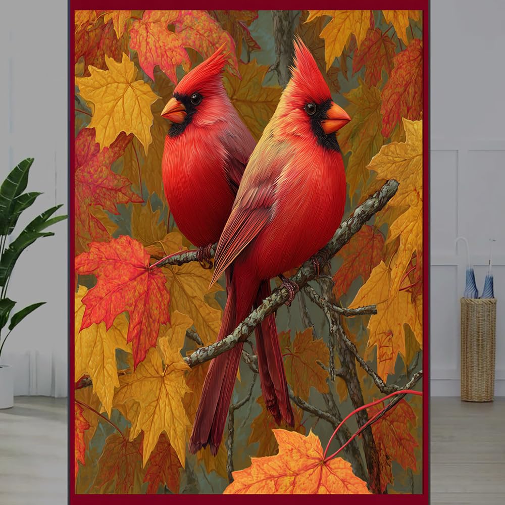 FOCCAFB Branch Bird Stained Glass Window Film, Retro Maple Leaves Scenery Peel and Stick Privacy Film, Frosted Adhesive Vinyl Decorative for Bathroom Windows Glass Doors, （45x90cm）