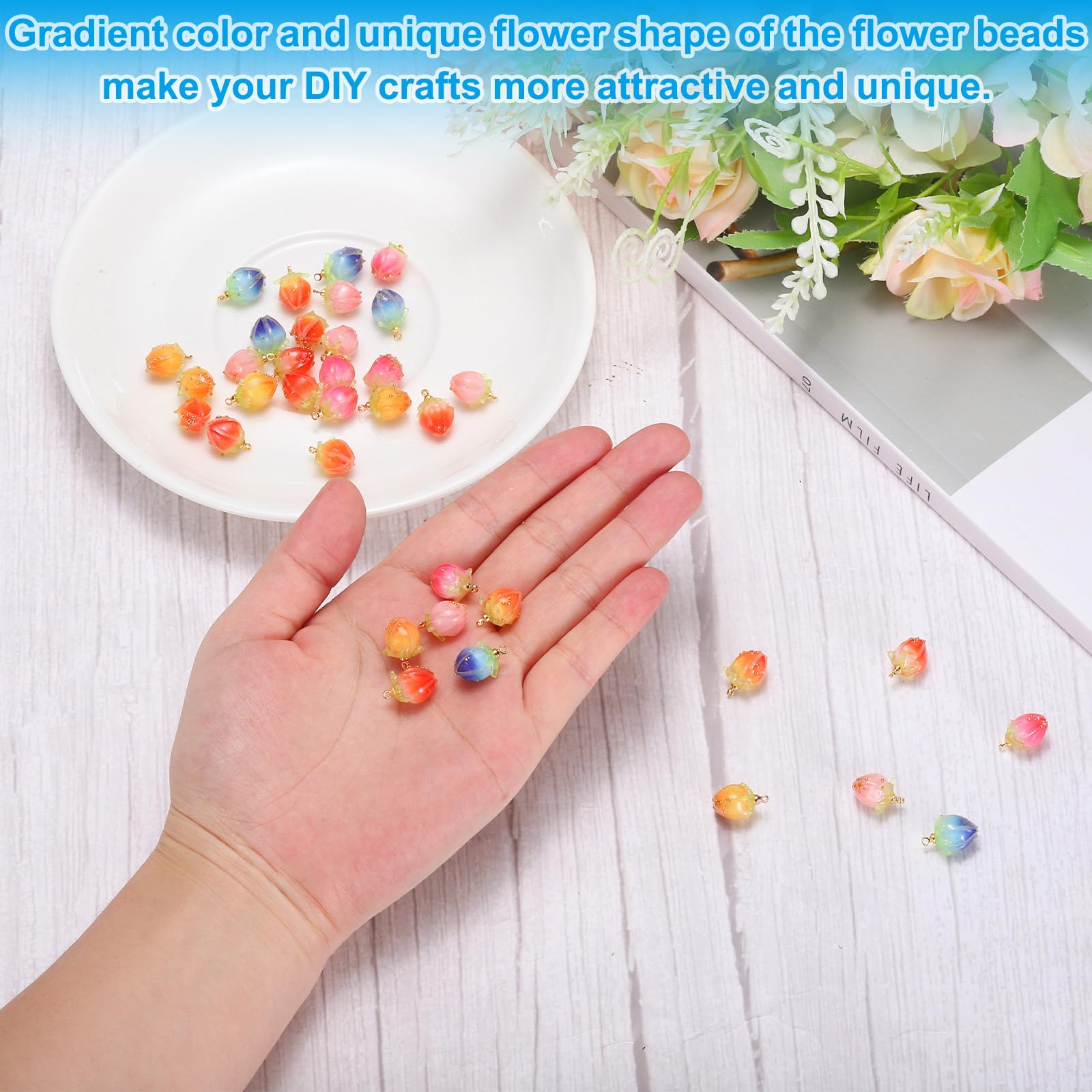 PATIKIL 0.6x0.4 Flower Beads, 6Pcs Acrylic Flower Buds Beads Mini Rose Charm for Bracelets Earrings, Necklaces - Image 4