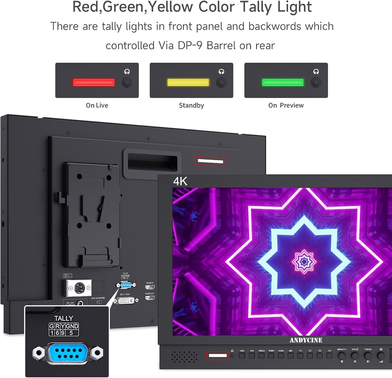 ANDYCINE C173S 17.3 Inch 1920x1080 Resolution 4K HDMI 3G-SDI Input and Output Broadcast Production Monitor,Desktop Director‘s Monitor with YPbPr, Video