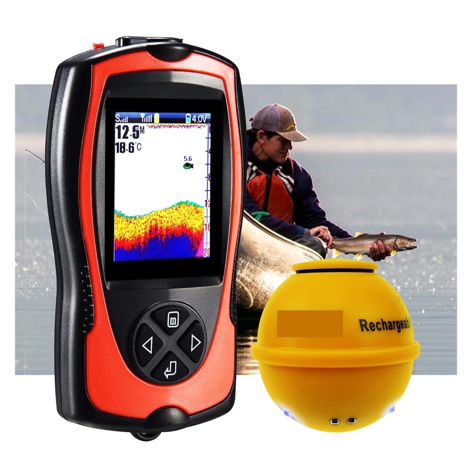 Ecoscandaglio Fish Finder Sensore wireless ricaricabile con profondità dell'acqua 45M,Alta definizione