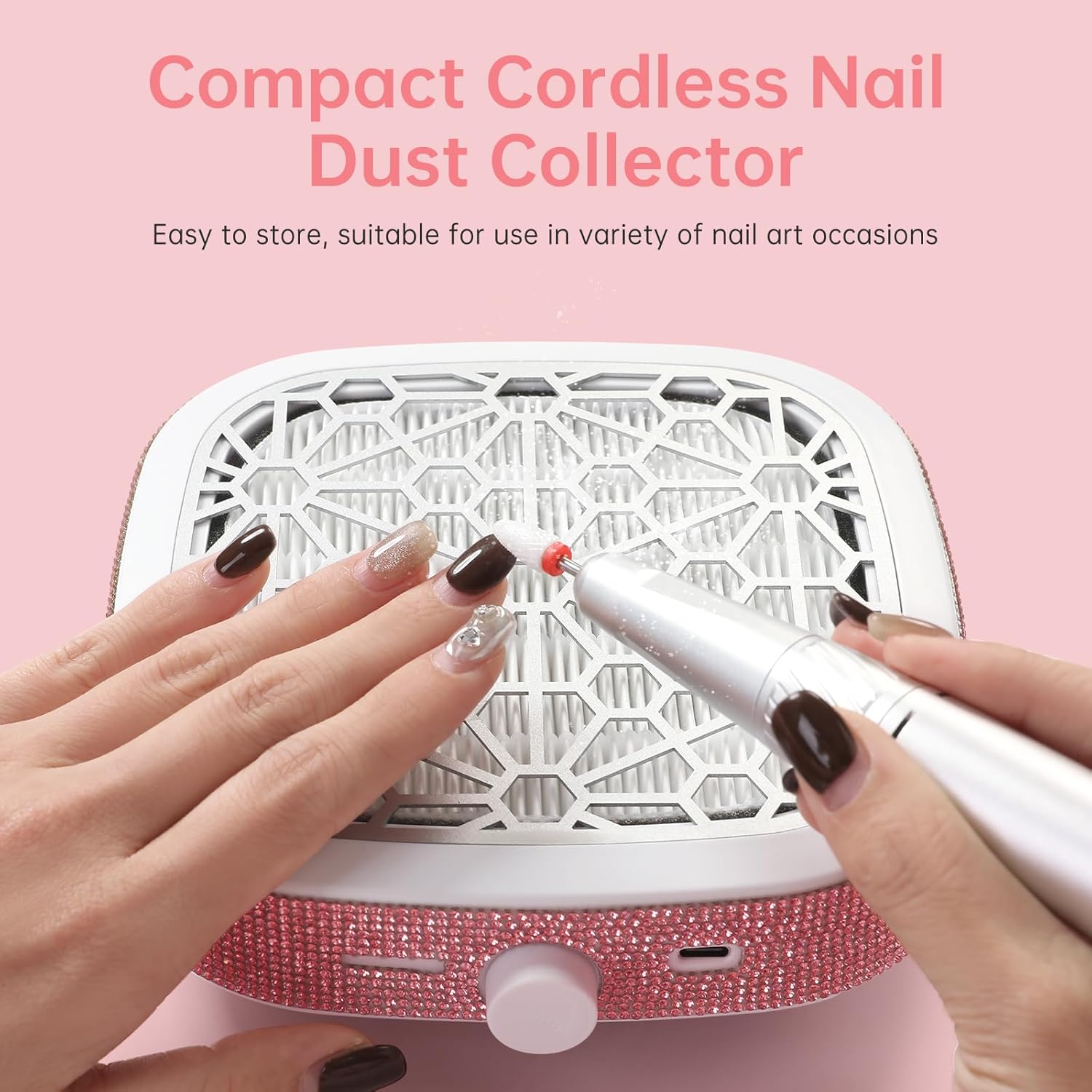 Nail Dust Collector, Cordless Dust Collector Nail Tech, Compact Powerful 6000RPM Nail Vacuum Fan Rechargeable Dust Extractor for Acrylic Gel Polish Manicure Pedicure for Home, Pink