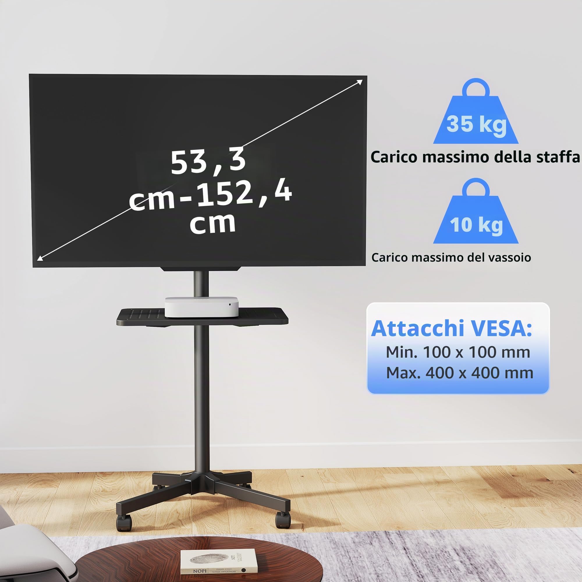XINLEI Supporto TV mobile su ruote, carrello TV portatile con ripiano per TV a schermo piatto curvo da 21-60" fino a 35 kg, supporto TV alto regolabile in altezza su rotelle, VESA Max 400x400 mm ML55A
