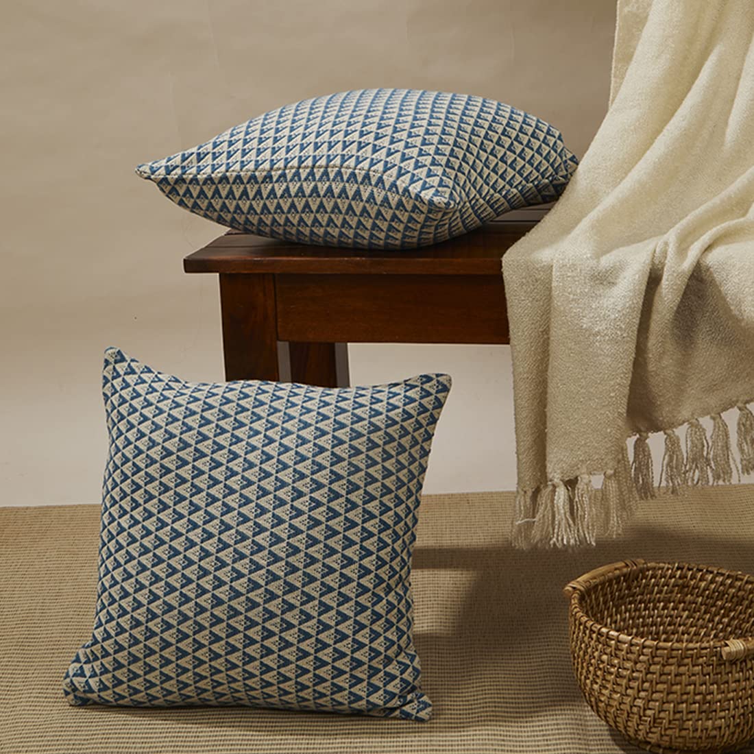 Buy Fabindia Teal Mihira Fusion Cotton Cushion Cover 16"X16" Online at