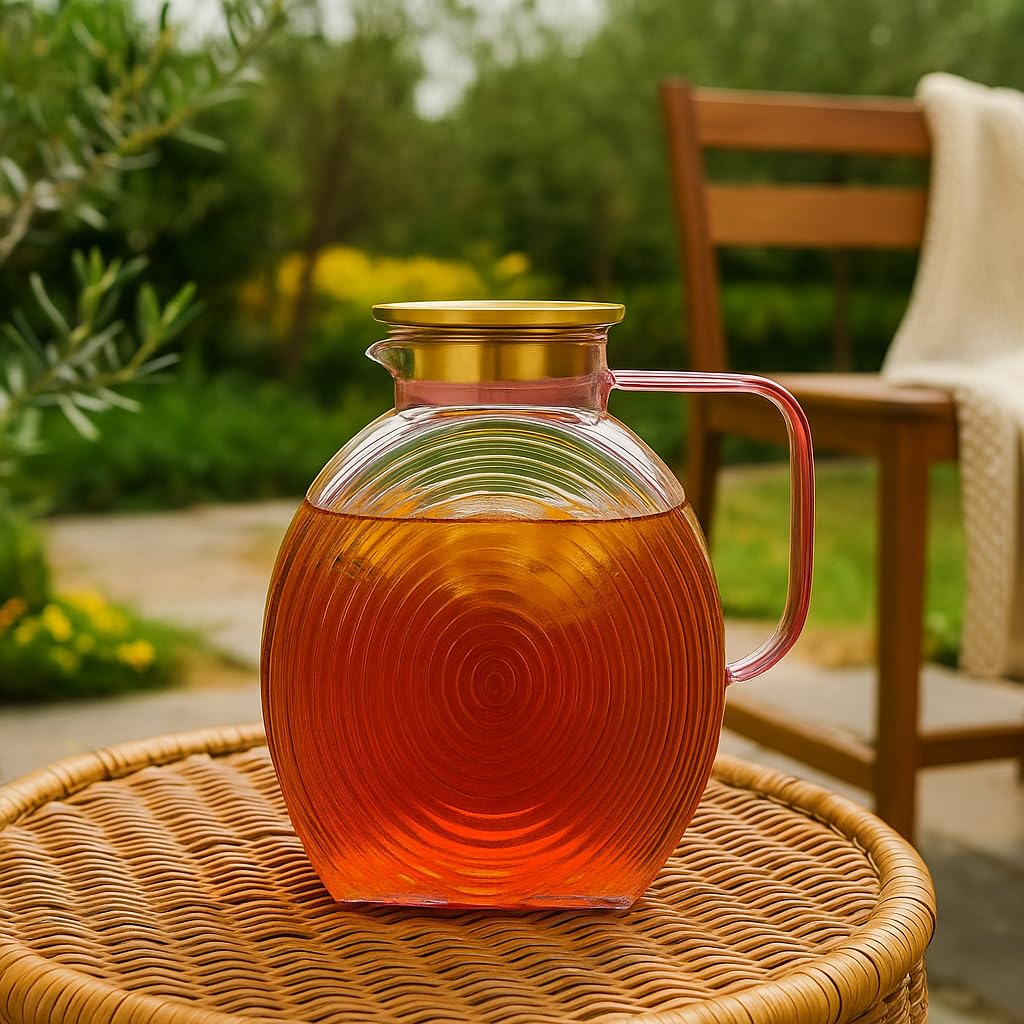 Charbrew Brocca in vetro borosilicato rosa da 2,5 l, con coperchio, caraffa a costine per acqua, succhi, tè freddo, birra fredda e cocktail, caraffa con manico adatta alla porta del frigorifero (serve