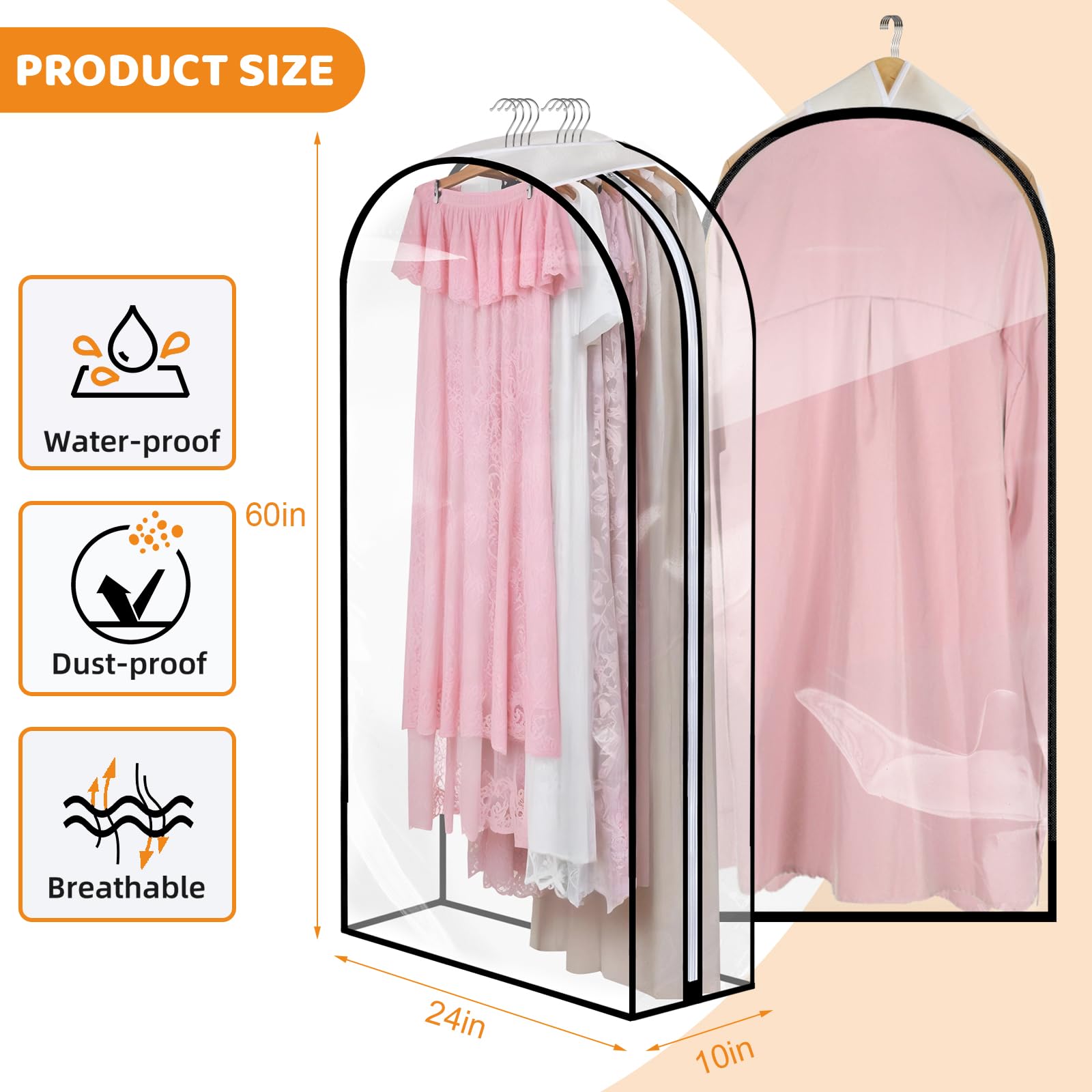 4 Pack Full Clear Garment Bags, 60" Clothes Covers with 10" Gusseted, Transparent Bags for Hanging Clothes Suit Bags - Image 2