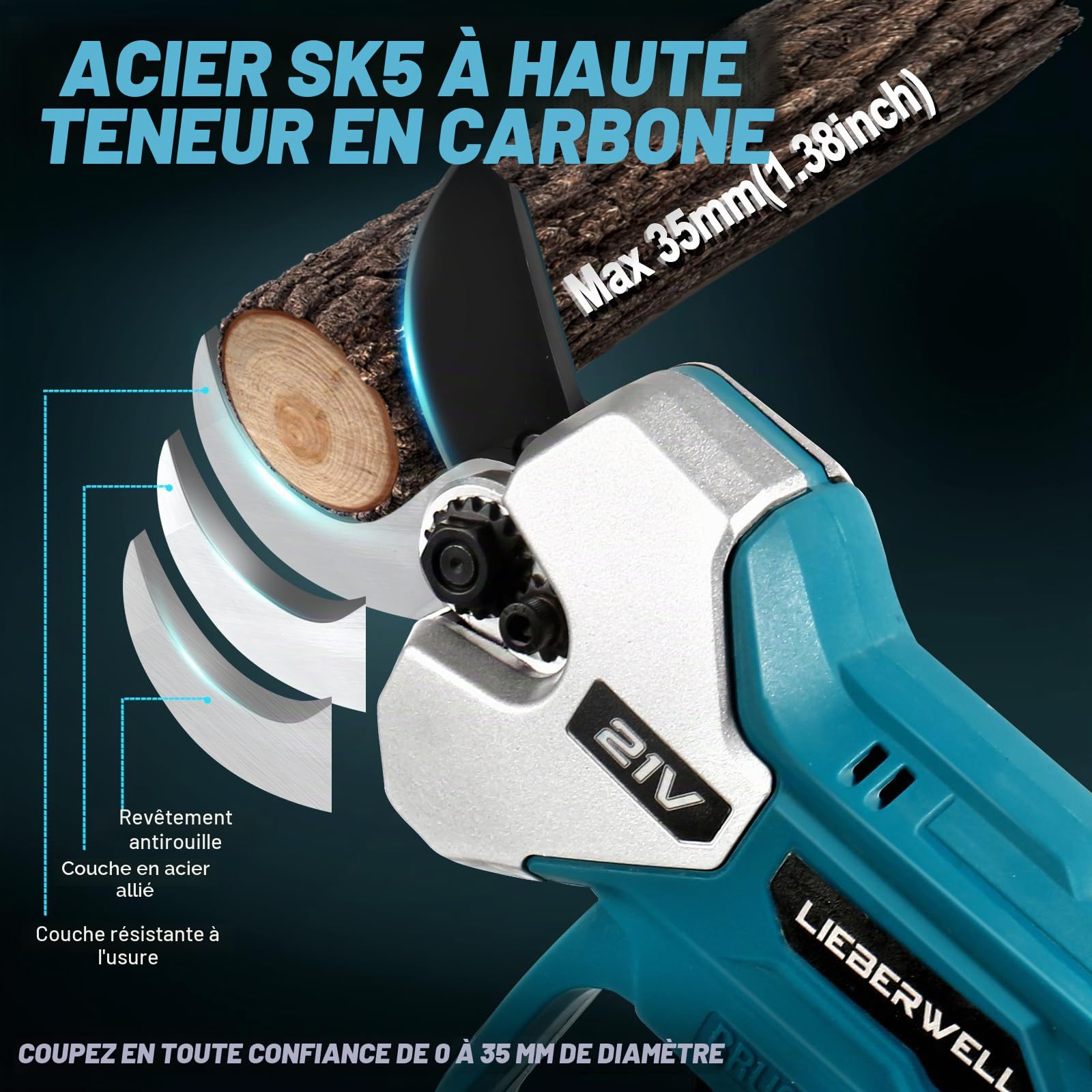 Sécateur électrique pour Makita 18 V Batterie, 600W Sécateur Professionnel Sans Fil avec 2 Batteries 2000 mAh, Moteur Sans Balais à Guidage Manuel avec Compteur de Coupes LCD, Diamètre de Coupe 35 mm