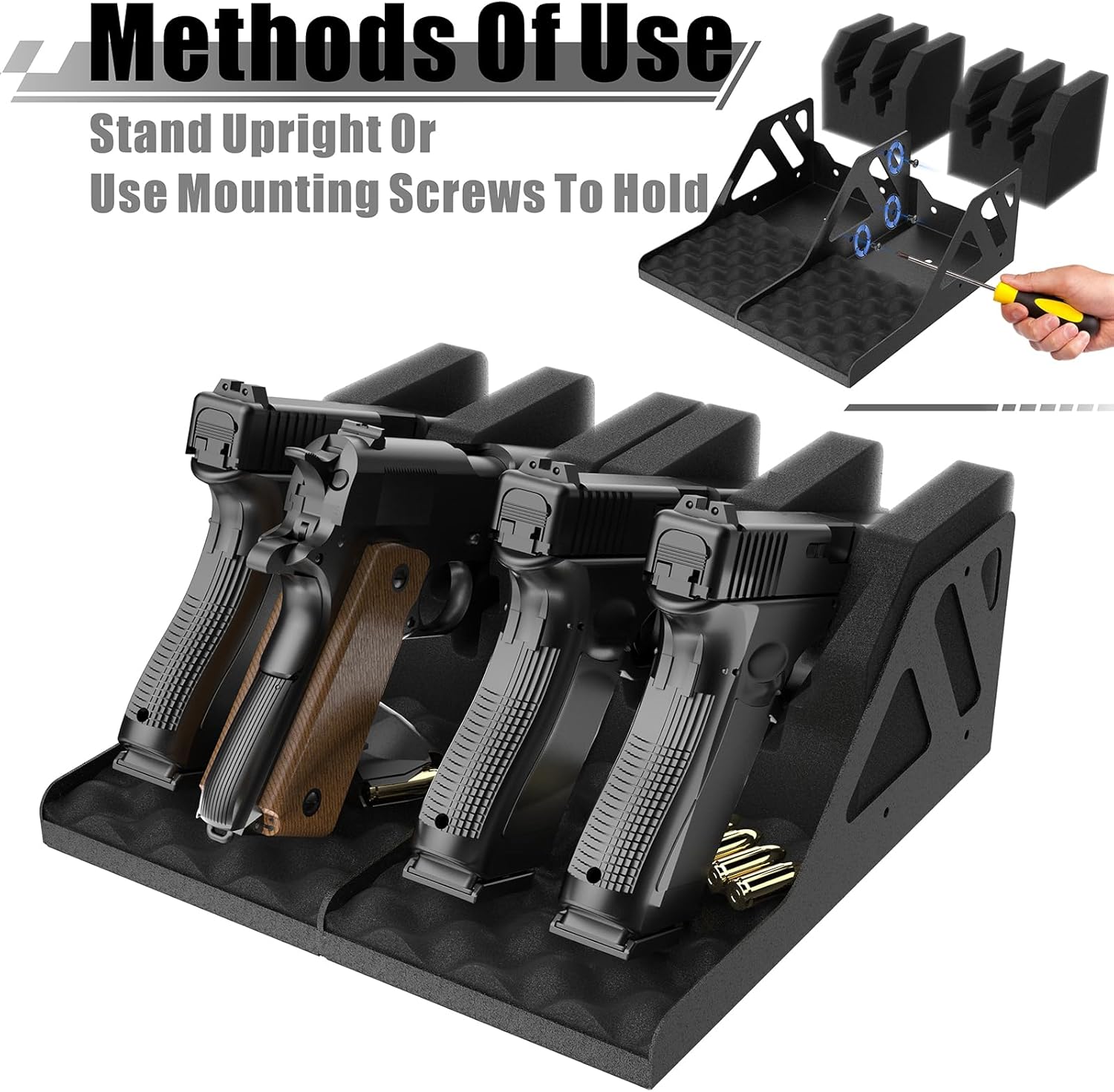 Z ZLJUAN 4 Slots Universal Pistol Rack, Handgun Rack Pistol Holder for Gun Safe, Foam Protective Pistol Stand Gun Storage Fit Most Handguns
