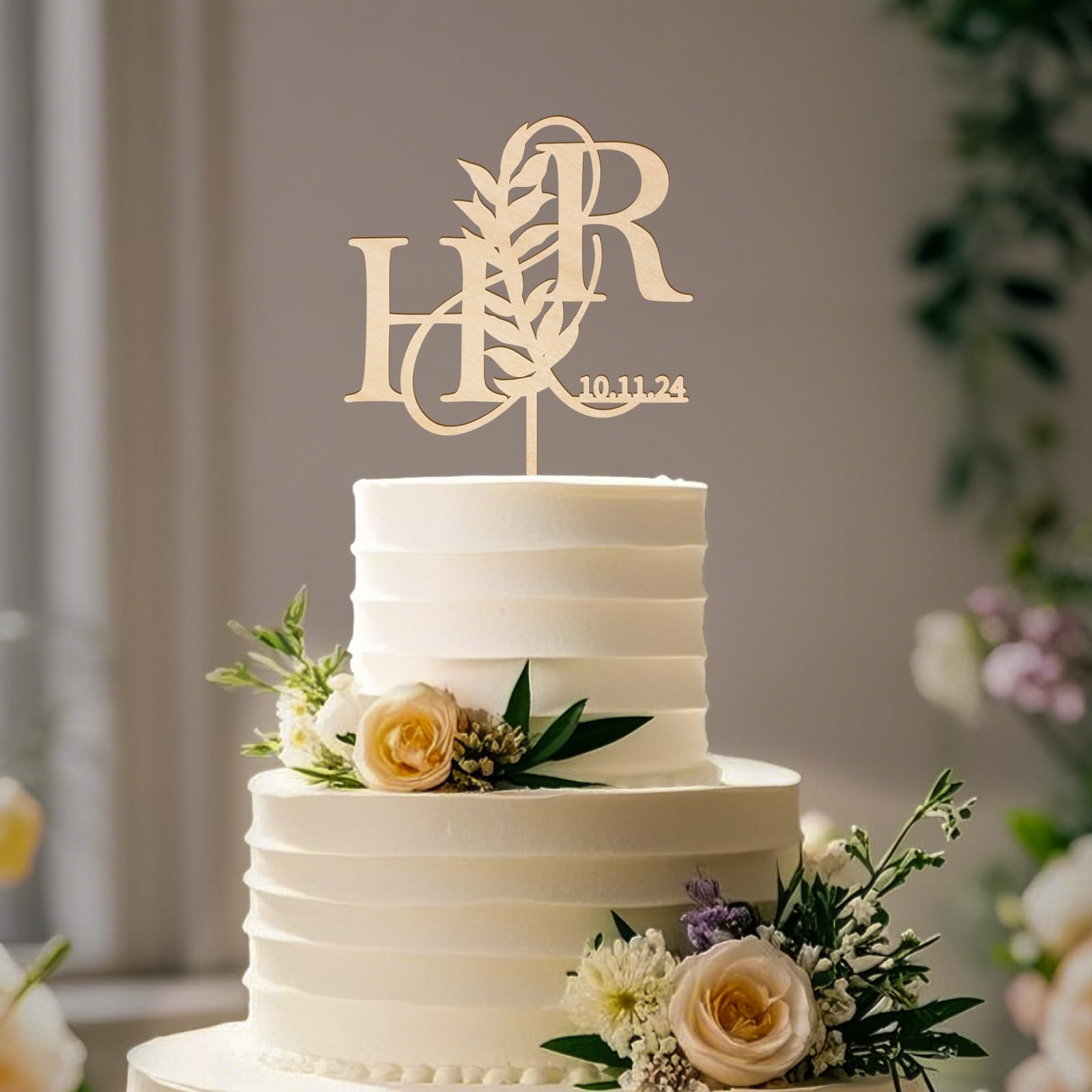 Party to Be Wedding Cake Topper Personalized Bride and Groom's Initials and Wedding date Custom Cake Decoration Leaves Silhouette in Wood — image 1