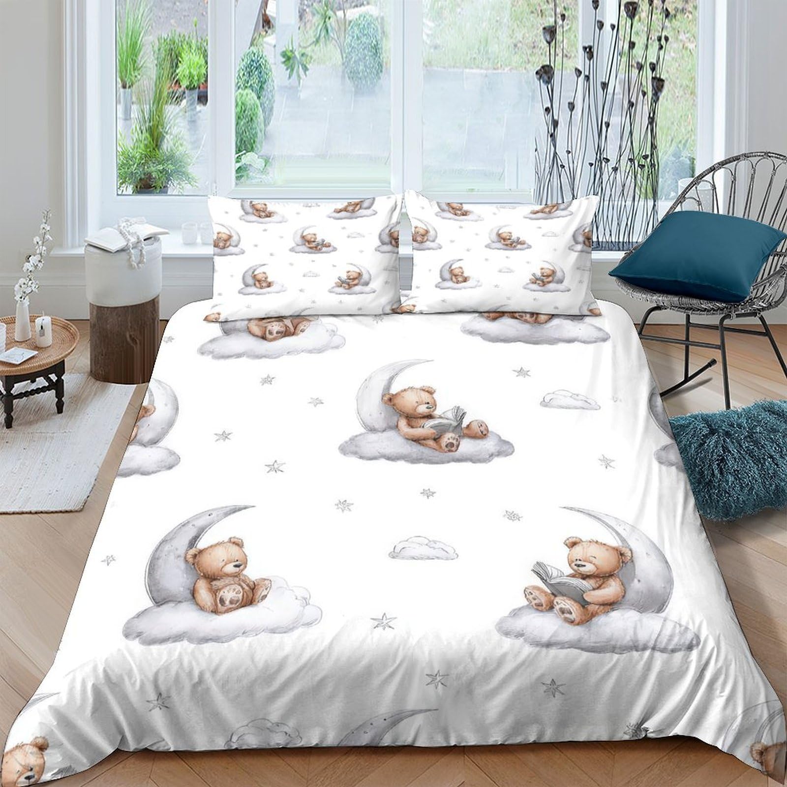 3D Soft Microfiber Teddy bear moon Duvet Cover Easy Care Bedding Set w/ Pillowcase Childrens nursery style Bed Quilt Cover All Season Breathable Washable for Kids Teens Adults Double（200x200cm）