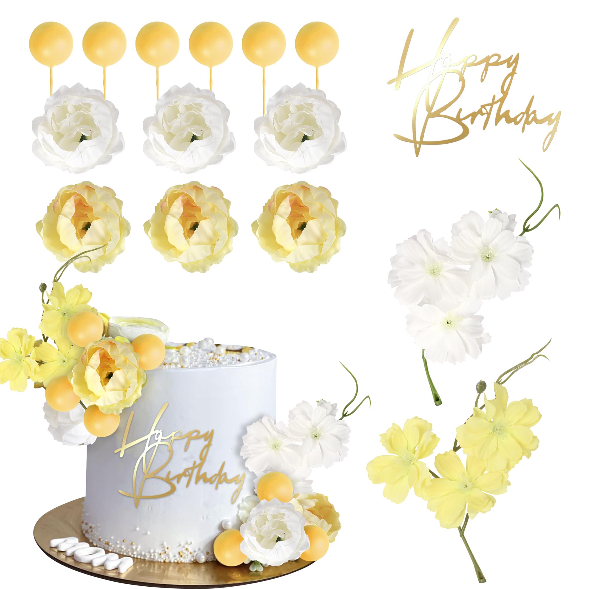 Xsstarmi Happy Birthday Flower Cake Topper Decoration Artificial Flower Peony Cake Pick for Baby Shower Wedding Birthday Party Cake Decorations Supplies