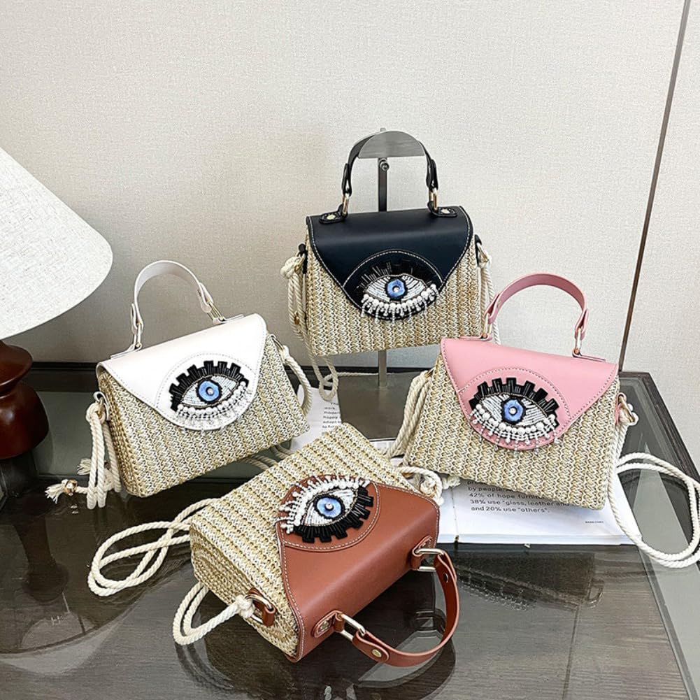 Handmade Bohemian Style Straw Handbag with Evil Eye Embellishment, Novelty Funny Crystal Decor Box Crossbody Bag Tote Clutch