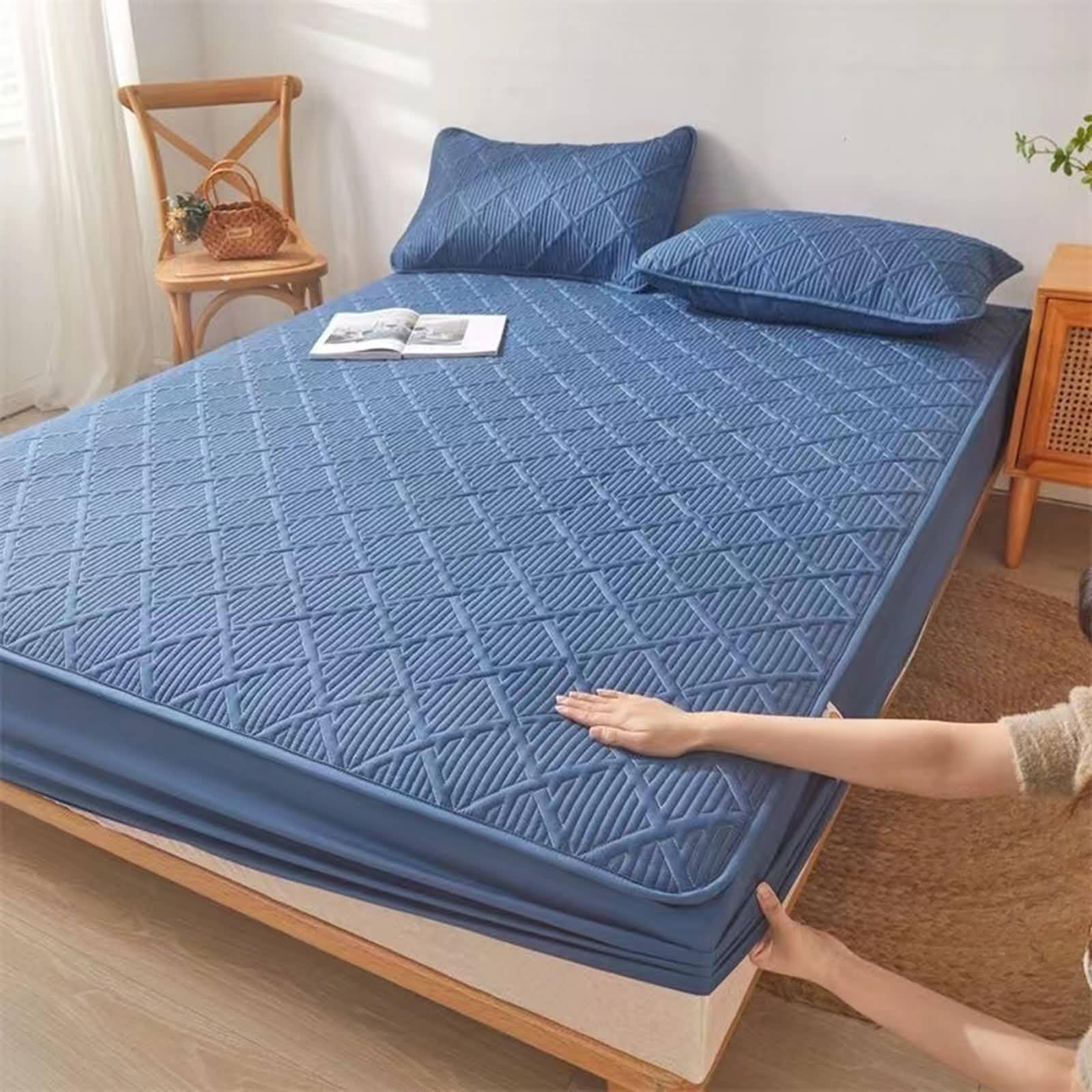 Set Lenzuola con Angoli e Federe, Lenzuolo Con Angoli con 2 Federe in Cotone poliestere Texture a reticolo con Morbido e Lavabile in Lavatrice, Blu, 90 x 200cm