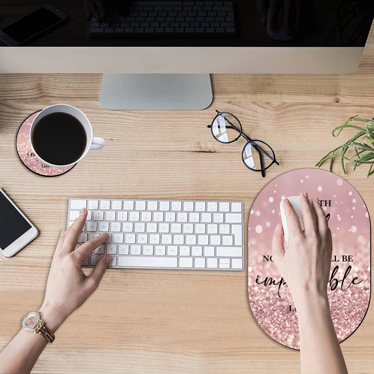 Luke 1:37 Rose Gold Rainbow Glitter Mouse Pad and Coaster Combination, Washable Fabric Mouse Pad for Office Laptop, Non-Slip Rubber Base Mouse Pads for Wireless Mouse, Computer Mouse Pads for Desk image 2