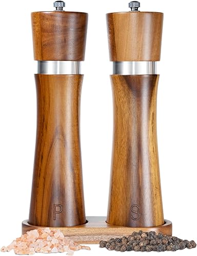 Juego de molinillo de sal y pimienta de madera de acacia premium, molinillos manuales de sal y pimienta con núcleo de cerámica ajustable, marrón, 5