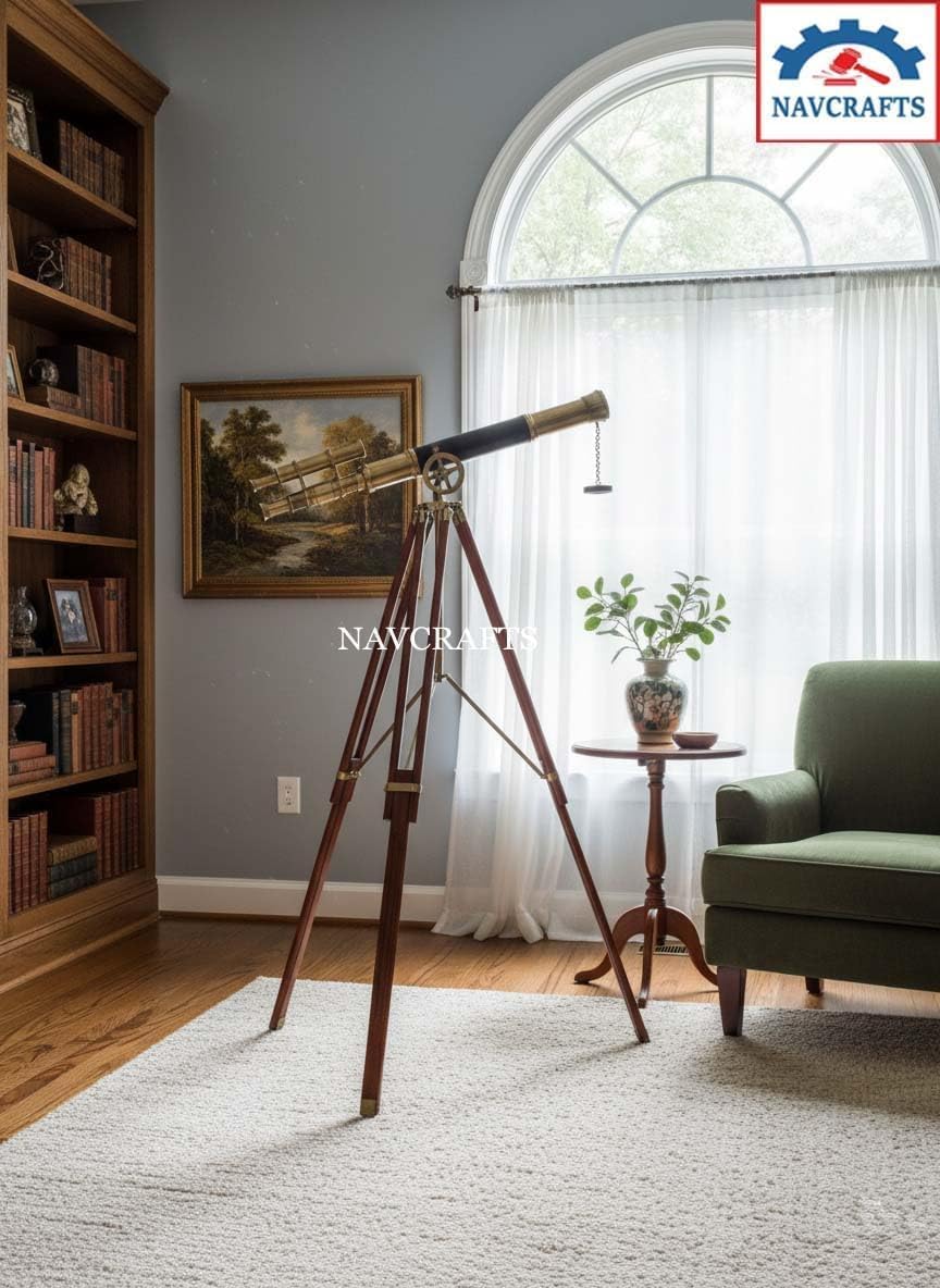 Antique Brass Telescope on Wooden Tripod | Vinatge Maritime Double Barrel Admirals Floor Standing Telescope Sailor Spyglass Royal Navy Telescopes for Home, Office, Living Room, Christmas Decor Gift