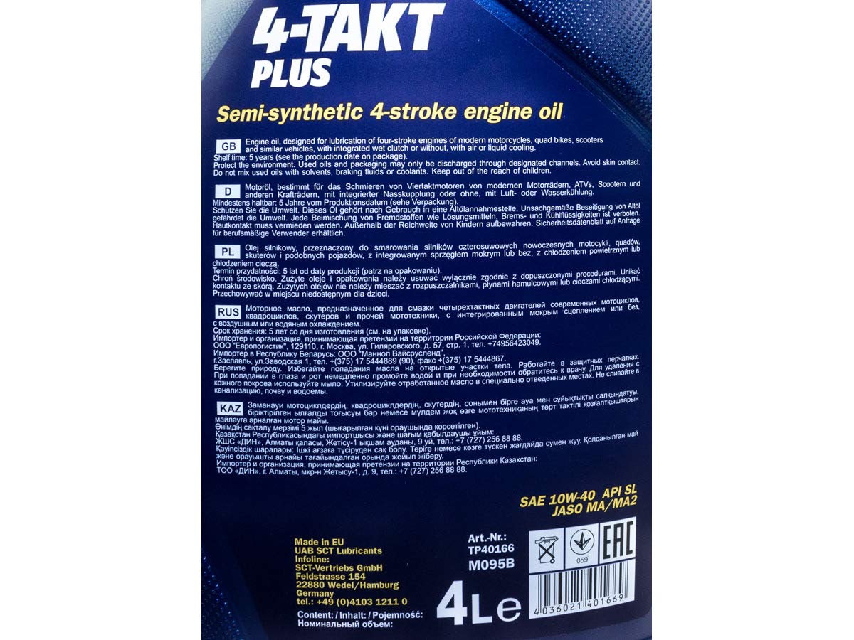 Mannol 4 tempi Plus API SL SAE 10W-40 parzialmente sintetico 8 litri Olio per moto e scooter