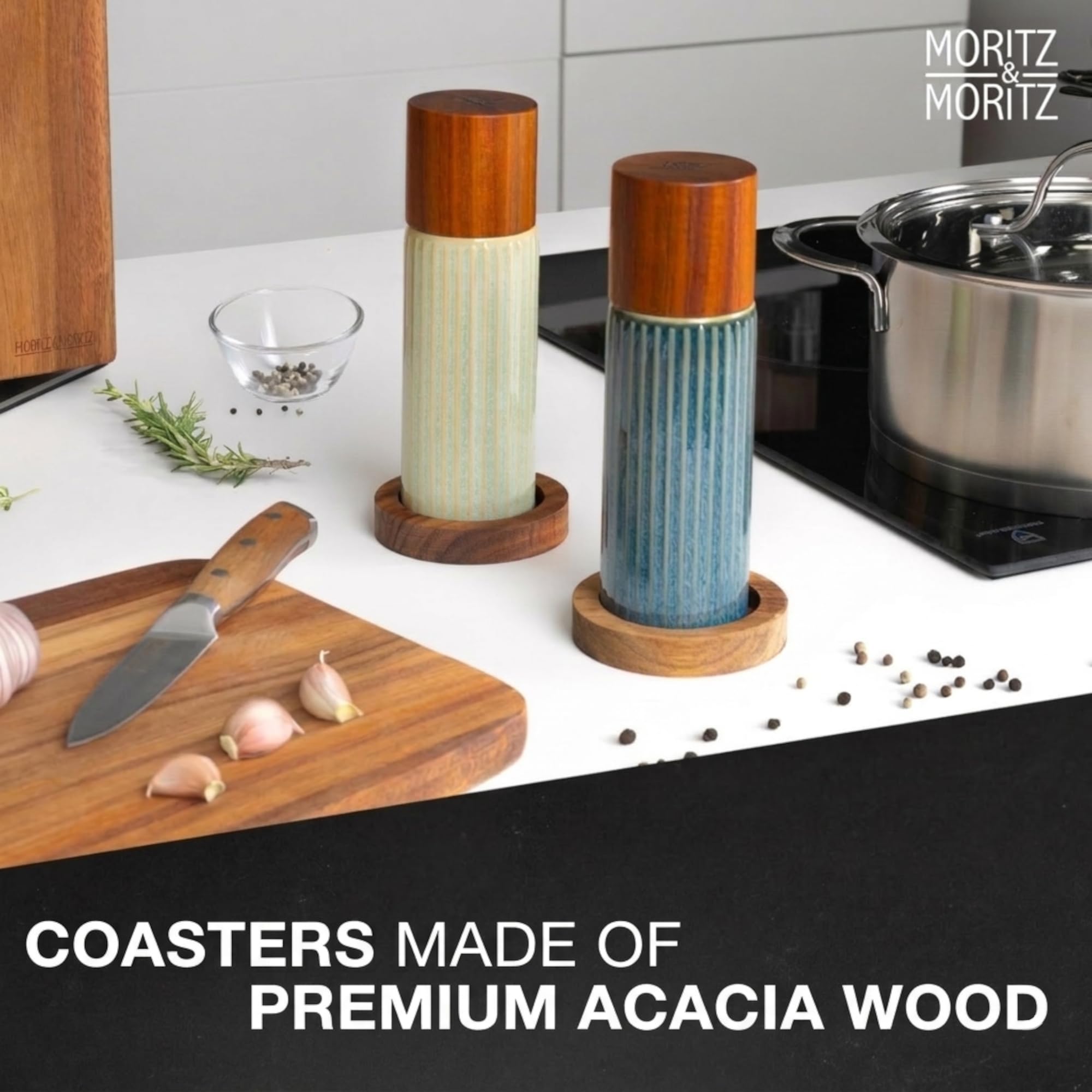 Moritz & Moritz PEPE Juego de Molinillos Sal y Pimienta (2 uds Azul/Verde) – Molinillo Especias Cerámica, Piedra y Madera de Acacia, Ajuste Grueso/Fino