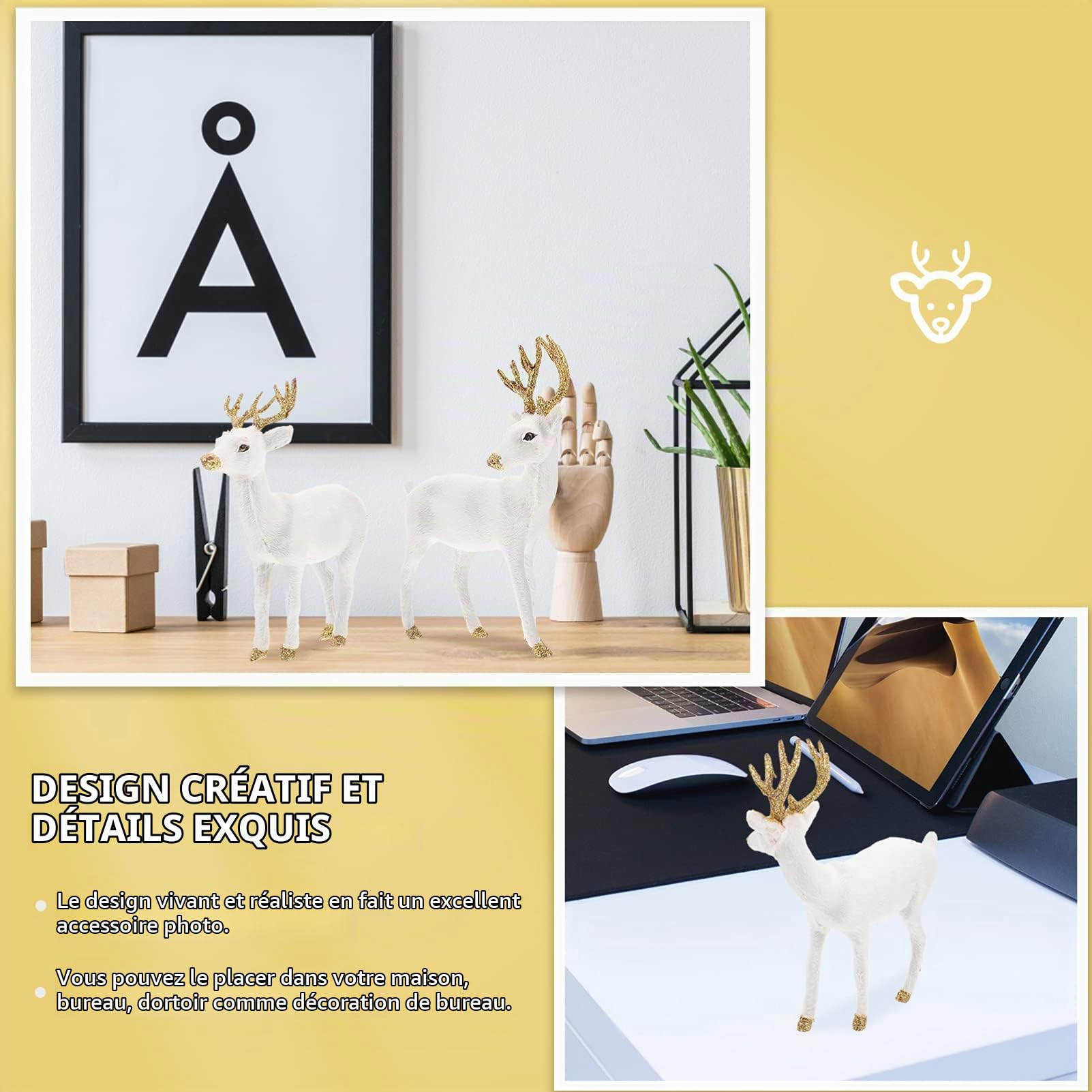 YARNOW 2 Pièces Ornements Cerf De Simulation Blanc Figurines De Cerf Sika Décoration Maison Bureau Noël Décorations Table Salon Cadeau Festif