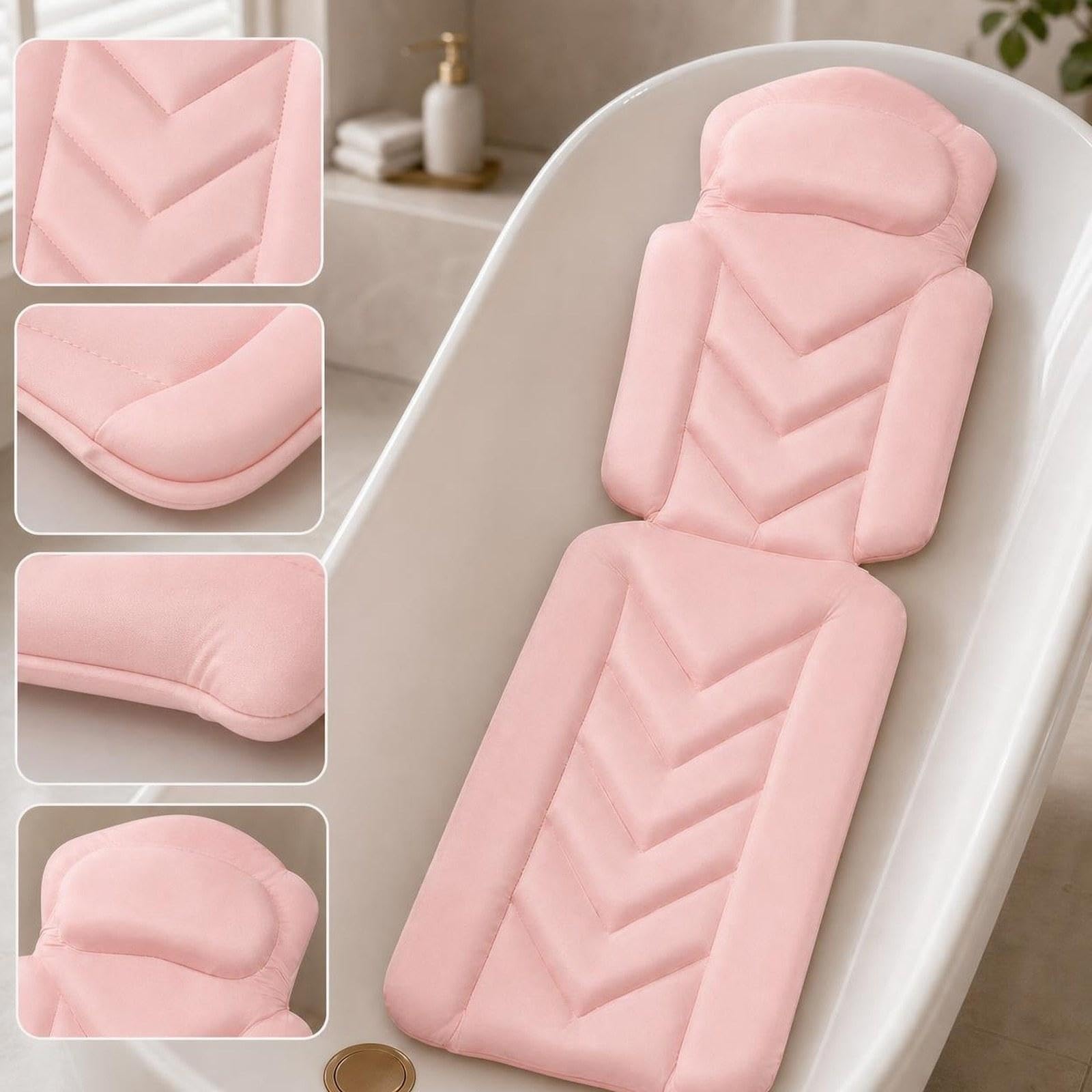 Tapis de Baignoire Antidérapant Adulte Coussin Intégré Respirante Polyester Ventouses Fixation Stable Lavable Confort Accessoires Baignoire, Rose