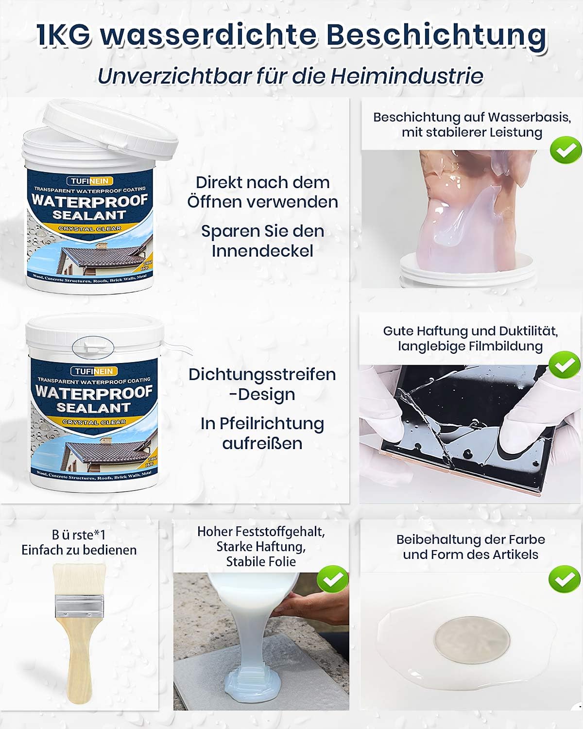 Transparenter Wasserdichter Beschichtungsmittel 1KG, TUFINEIN Wasserdichte Isolier-Dichtstoff-Emulsion Leck Wasserdichter Universalabdichtung Unsichtbare, Innen und Außen Dichtmasse Wasserdicht