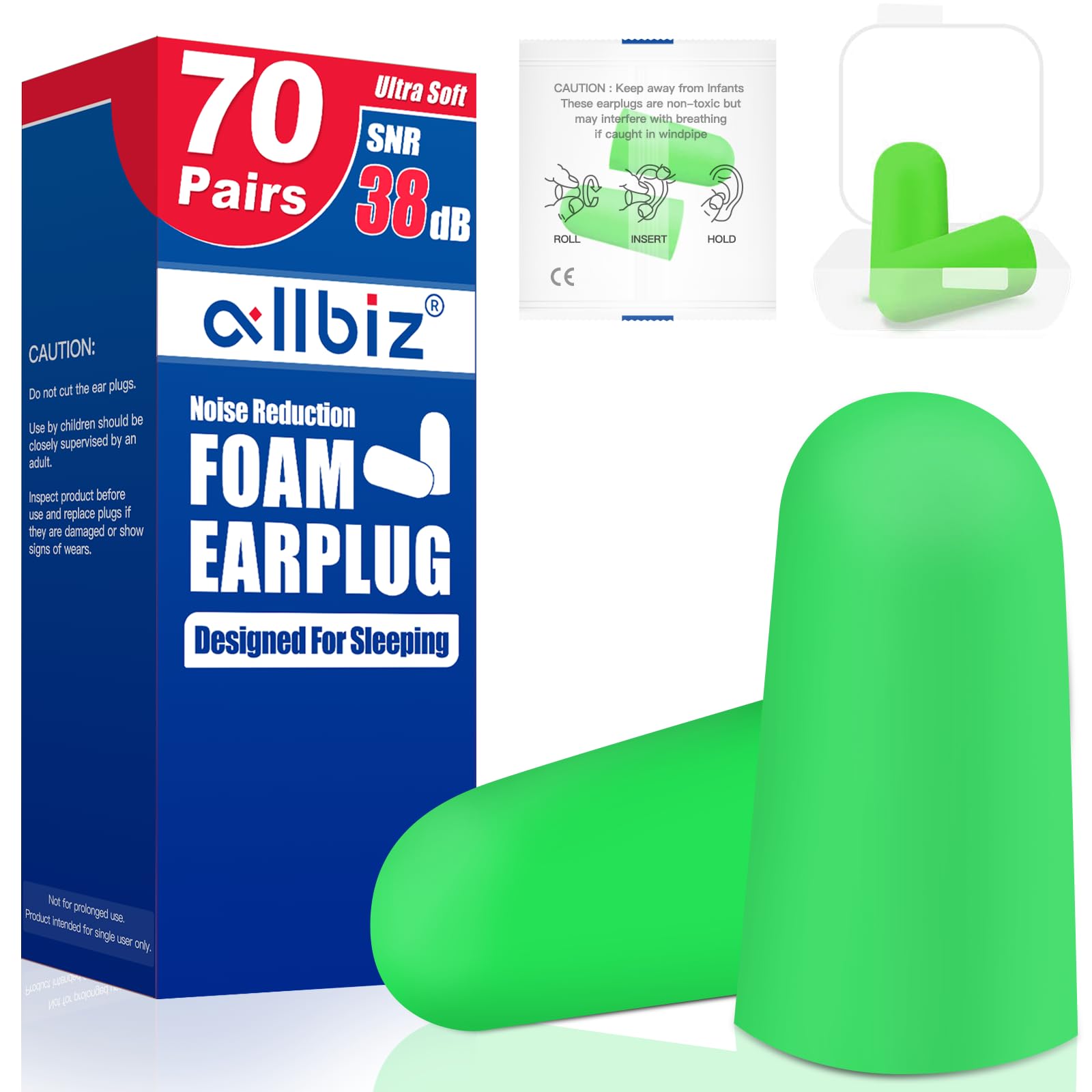 ALLBIZ 70 Pairs Foam Earplugs for Sleep, Ultra Soft Foam Noise Reduction Ear Plugs for Sleeping Noise Cancelling, Snoring, Shooting,Work,Plane,Concerts, 38dB SNR (Green)