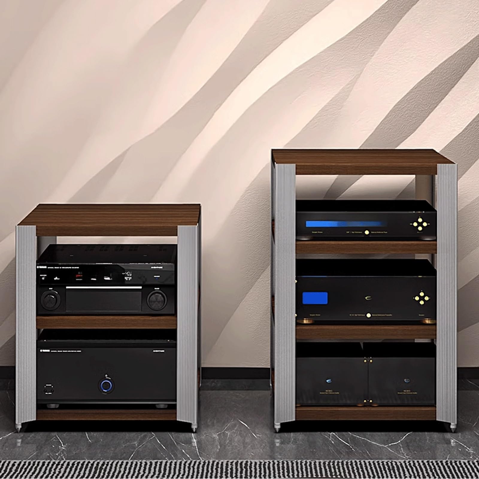 Moderno supporto AV in lega di alluminio a torre con mensola a 4 strati, design ammortizzante in marrone e argento, perfetto per home theater e apparecchiature audio