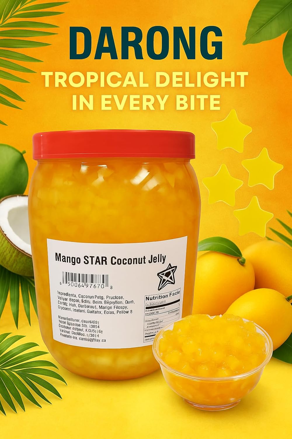 Darong Bubble Tea Toppings – Crystal Agar & Coconut Jelly Varieties, Ready to Serve, Vegan, Gluten-Free (1, 6.6 pounds mango star)