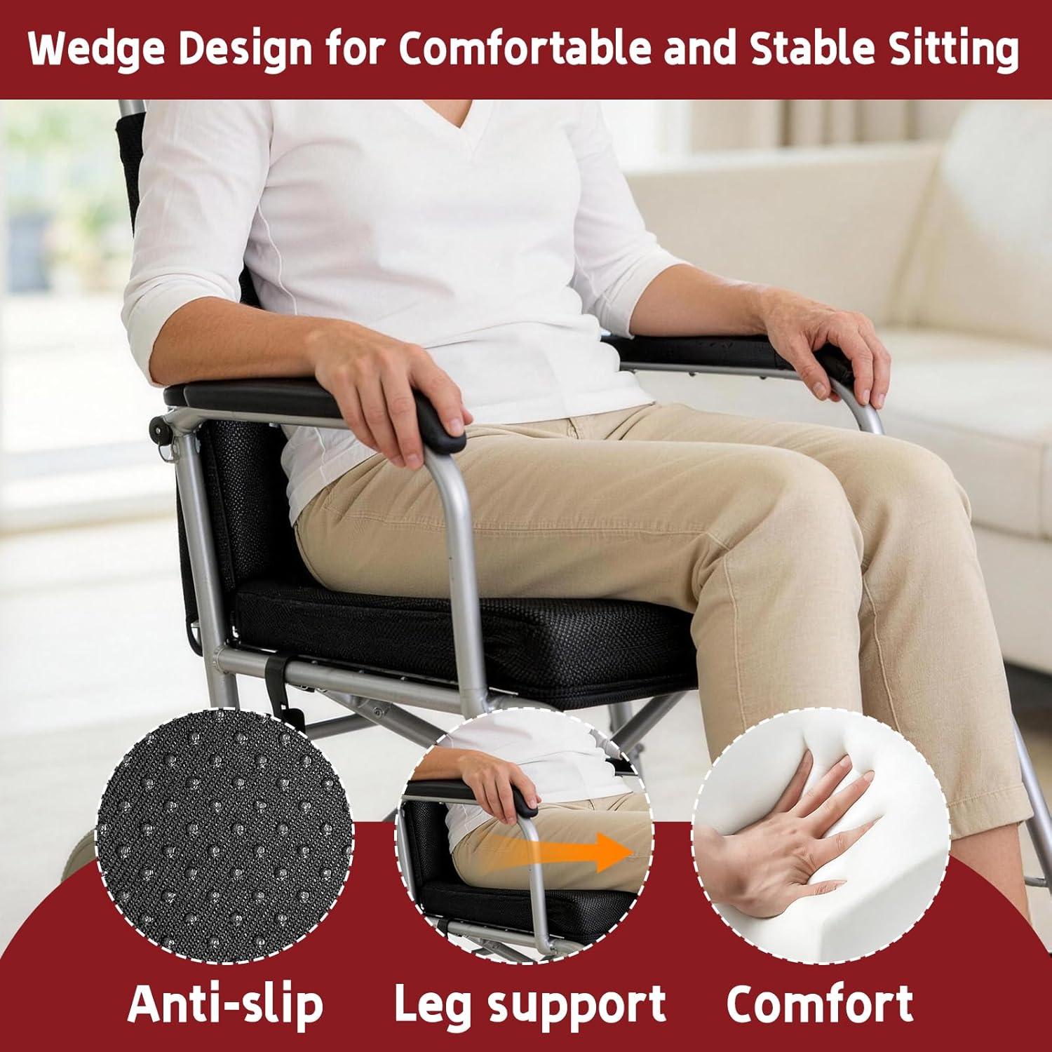 Wedge Wheelchair Seat Cushion with Backrest, High Density Foam Wheelchair Cushions Removable Cover with Zipper Adjustable Elastic Strap for Office Car Seat 16x18x2-4 Inch