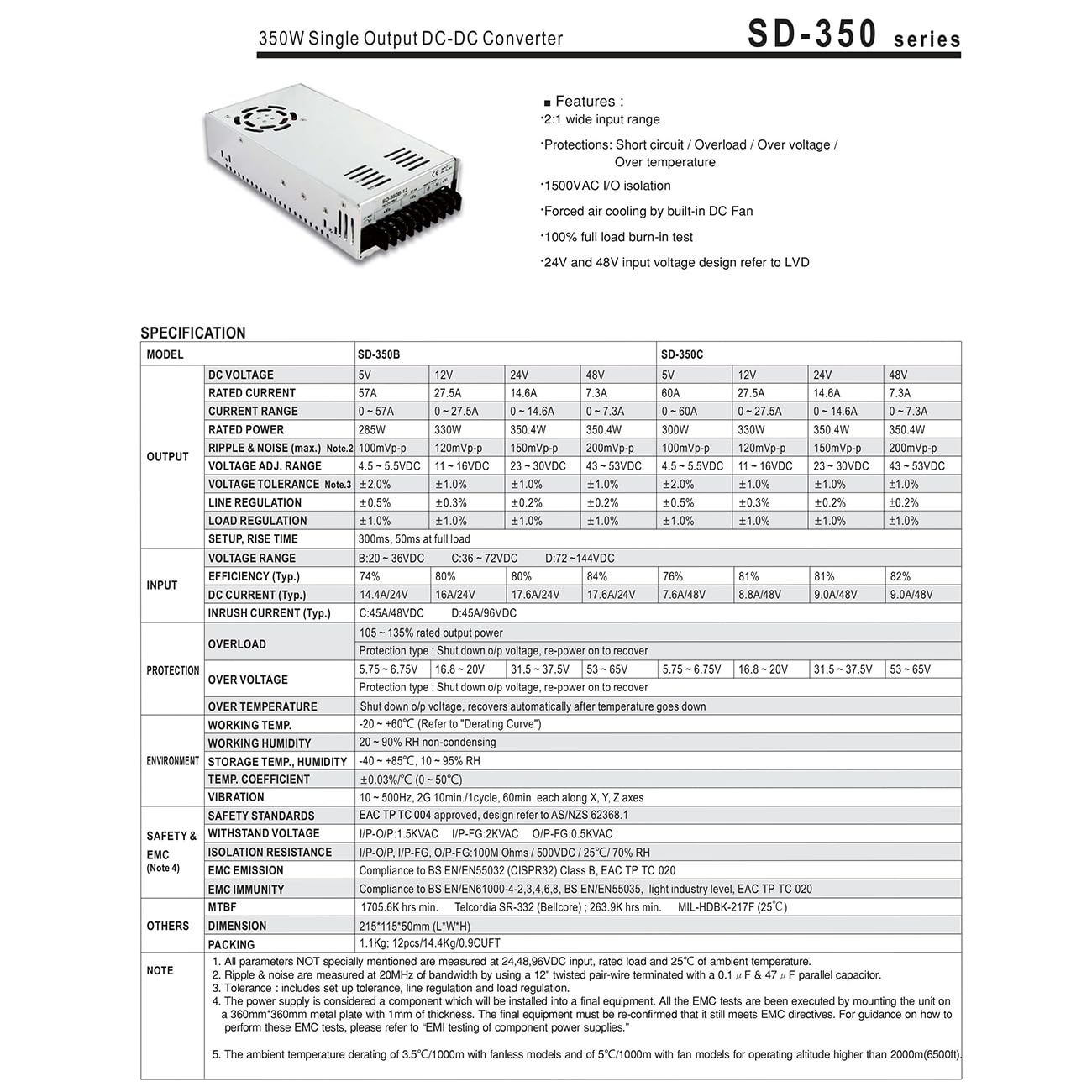 1PC) SD-350B-24 350W Single Output DC-DC Converter 24V 14.6A