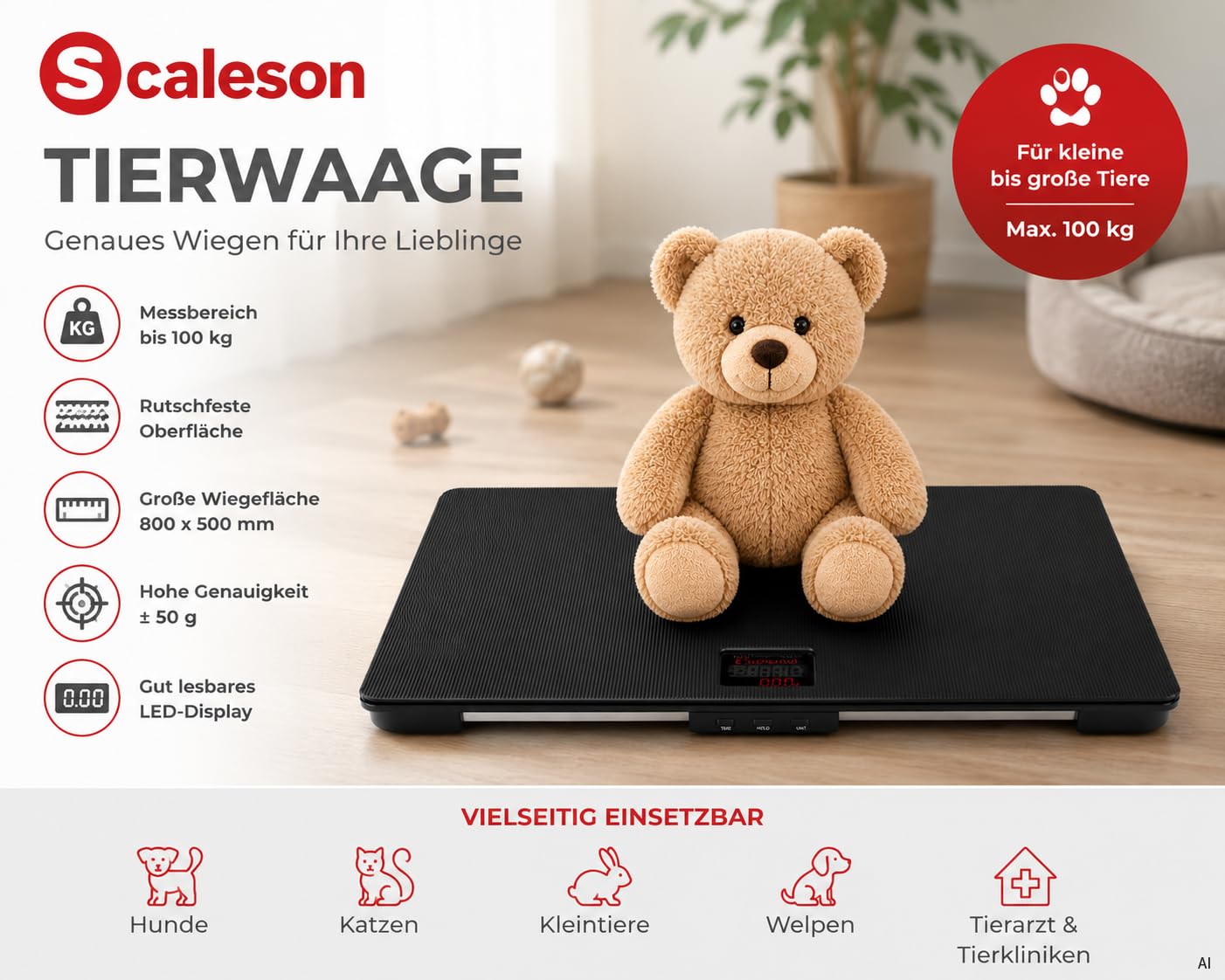 SCALESON S230.15 Tierwaage 80 x 50 cm bis 100 kg / 10 g I große Hundewaage I Gummimatte rutschfeste Oberfläche I auch für Katzen und Kleintiere