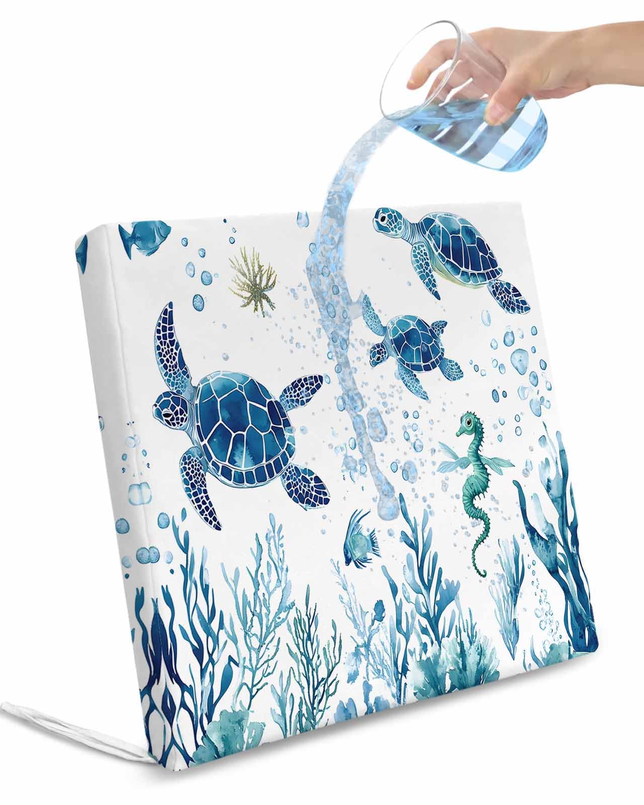 2 Pack Blue Green Sea Turtle Waterproof Cushion Covers with Ties, Outdoor Patio Chaise Lounge Chair Seat Cushion Slip Covers Replacement(Only Cover) Summer Ocean Coral Fish Seahorse 22