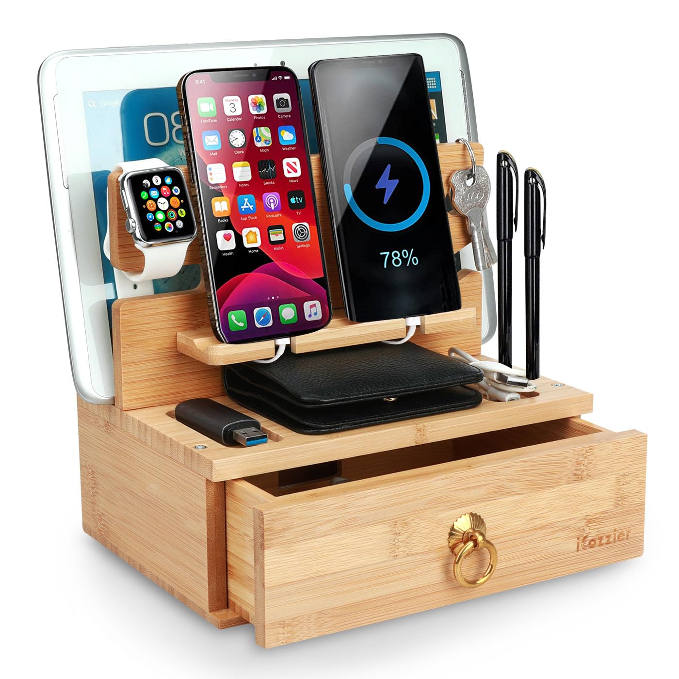 iCozzierBamboo Docking Station Organizer with Drawer, Desktop Table Mount for Phone, Watch, Wallet, Pen, Key