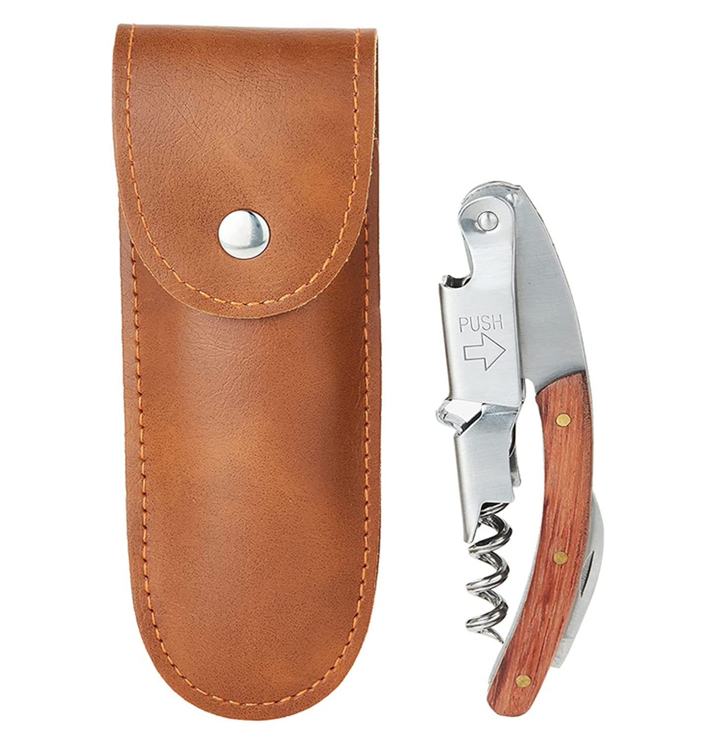 SKEIDO 2-steps Wine Corkscrew Opener Sommelier Wooden Bottle Opener With Cow Leather Case