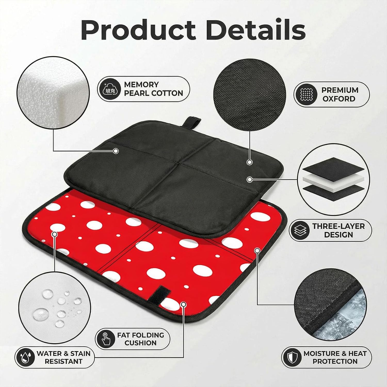 (Red and White Polka Dots) Sitting Pad Foldable Seat Cushion Lightweight Camping Seat Mat with Hook for Outdoor Hiking Picnic Camping