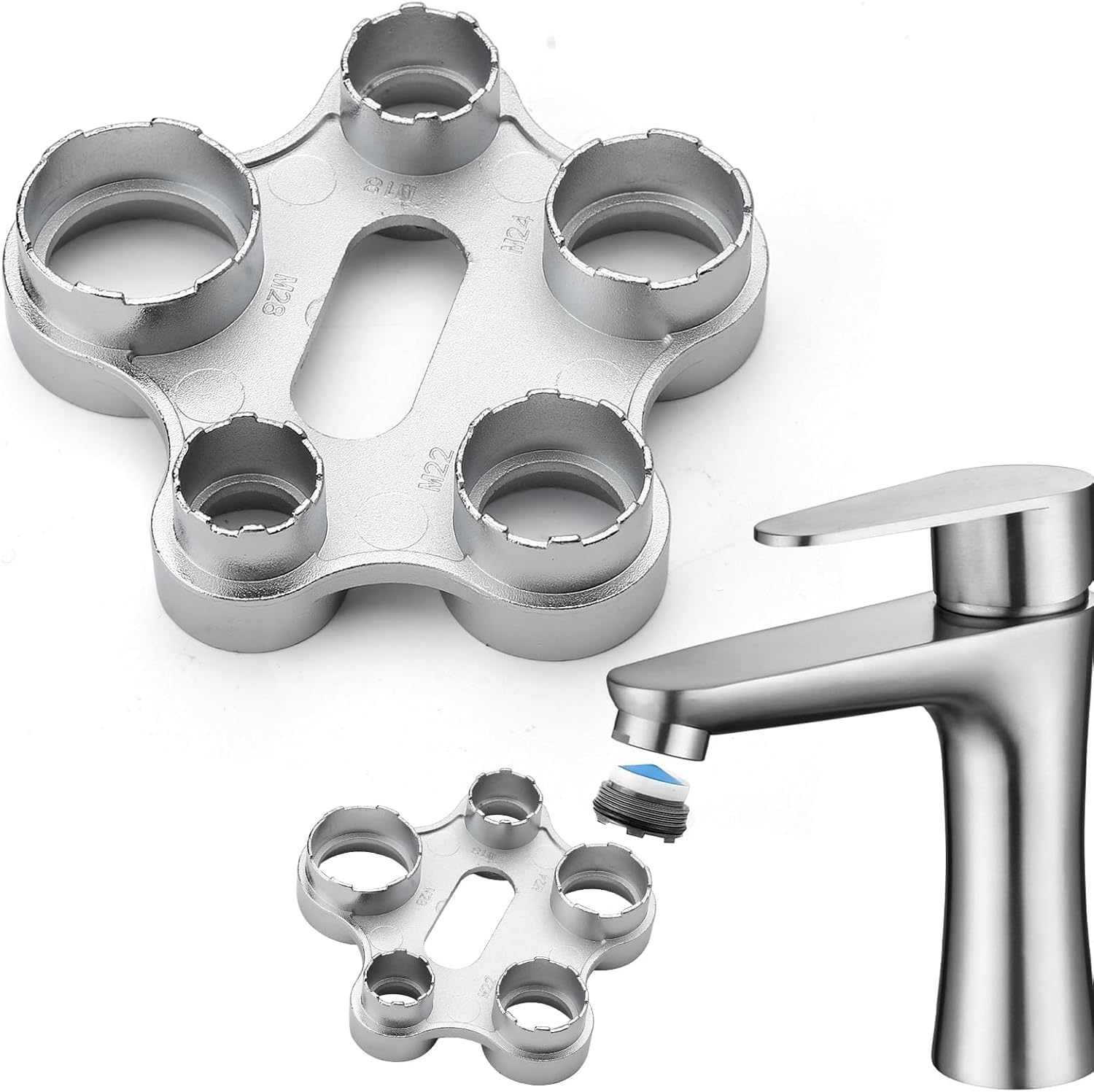 Klucz do kranu Narzędzie 5 w 1, uniwersalny klucz montażowy napowietrzacza do M18 M20 M22 M24 Remover do kuchni i łazienki, uniwersalny regulator strumienia, klucz serwisowy