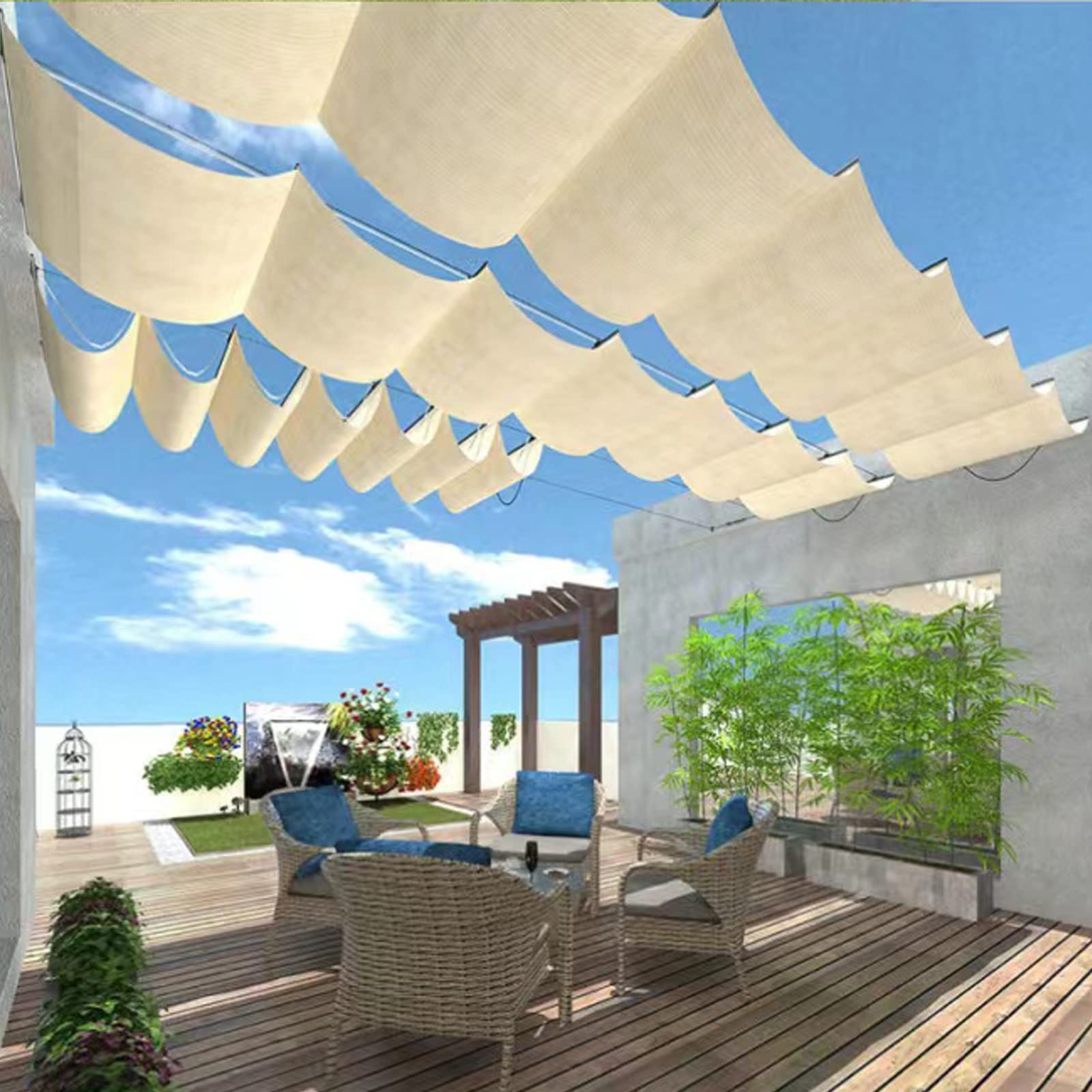 Wysuwana pergola, zadaszenie na patio, zdejmowana markiza z ochroną przed promieniowaniem UV, wzór fal, 1,2 x 9 m, do ogrodu i na taras,