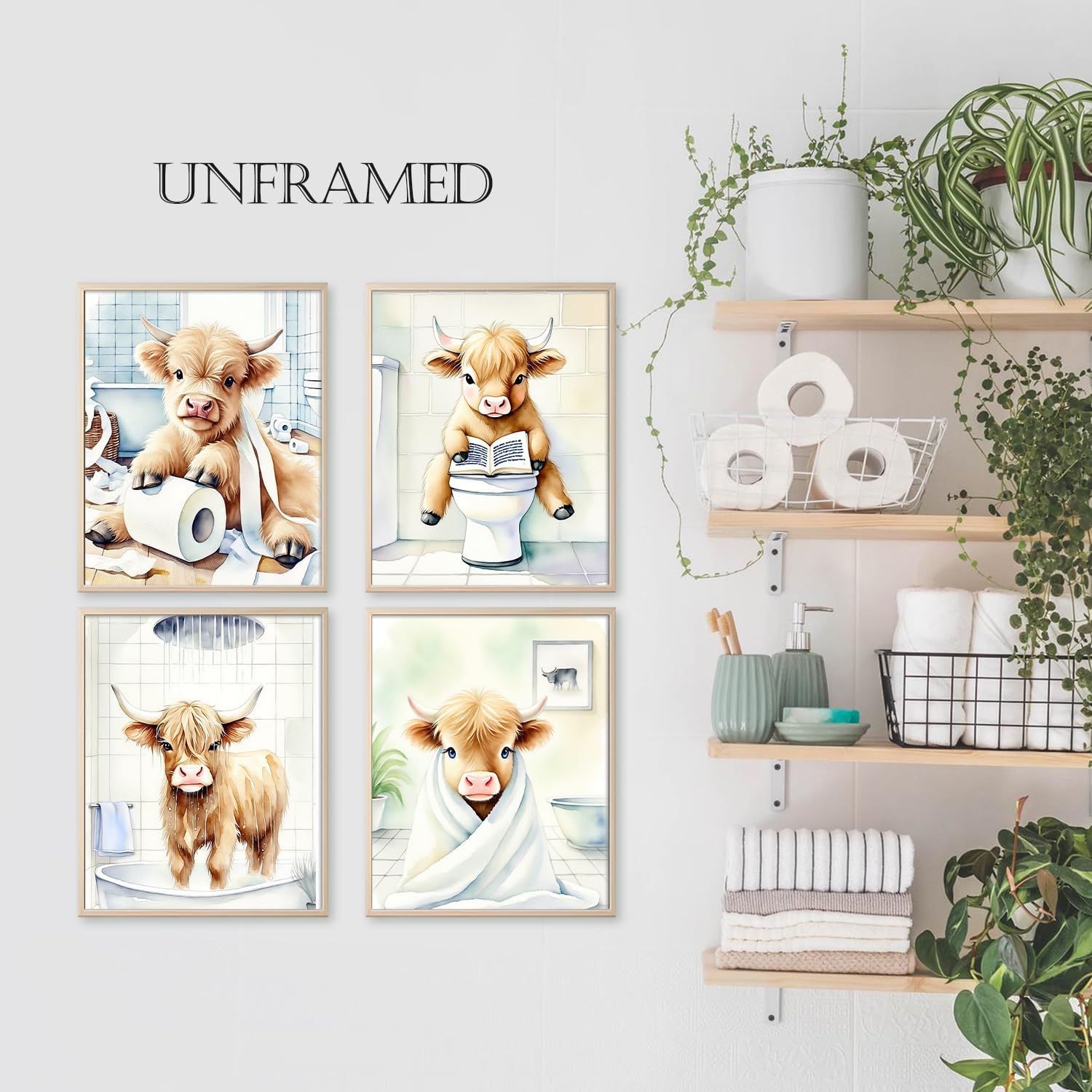 Qabliqo Funny Highland Cow Bathroom Wall Art Prints Set of 4, Farmhouse Rustic Bathroom Decor, Funny Highland Cow Farm Animal Posters Wall Decor for Kids Washroom Restroom Toilet, 8x10 Unframed image 2