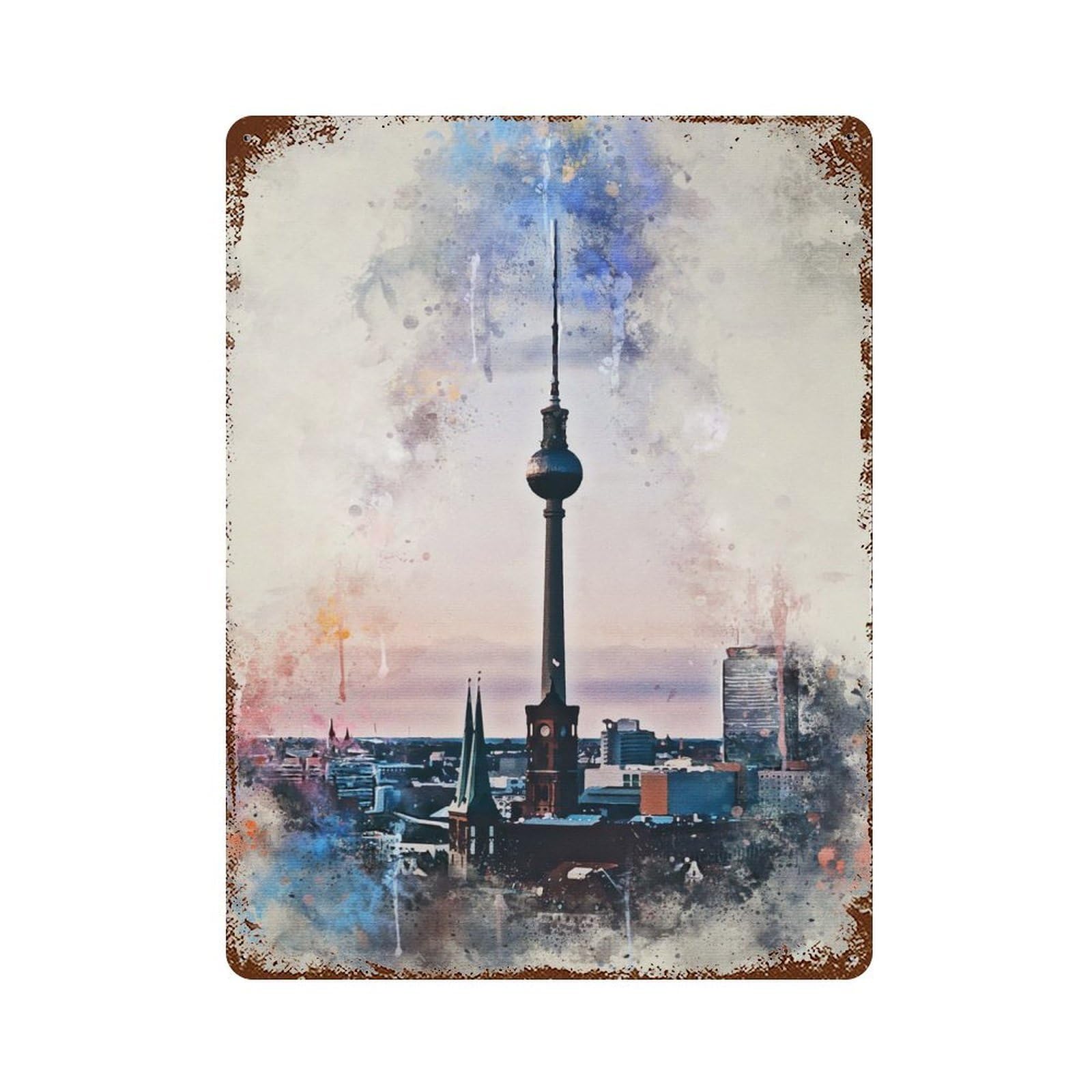 Vintage Rust Metal Sign Fernsehturm in Watercolor 15.7"x11.8", Shabby Chic Decor for Cafe, Home Bar And Lounge Decor