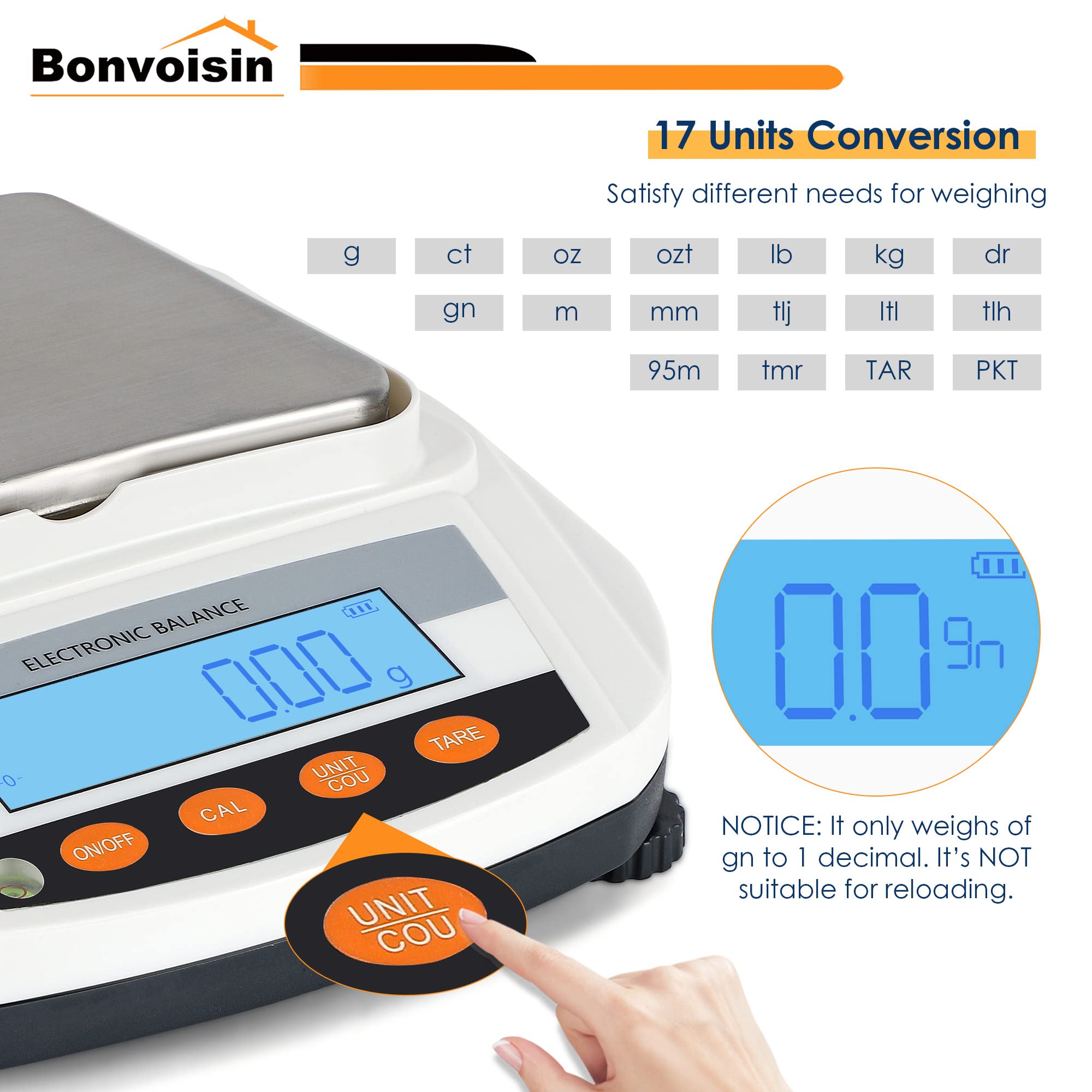 Bonvoisin Bilancia Analitica Laboratorio 3000g x 0.01g 17 Unità Conteggio Auto-Taratura