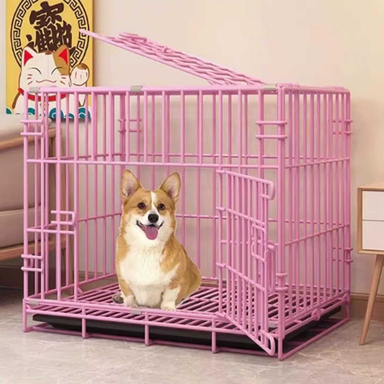 PJDDP Foldable Dog Crate Metal Dog Cage Small 23.6" Dog Kennel W/Double-Door Animal Segregation Cage Pet Crate W/Tray Dog Crates for Indoor Outdoor Travel Camping,Pink