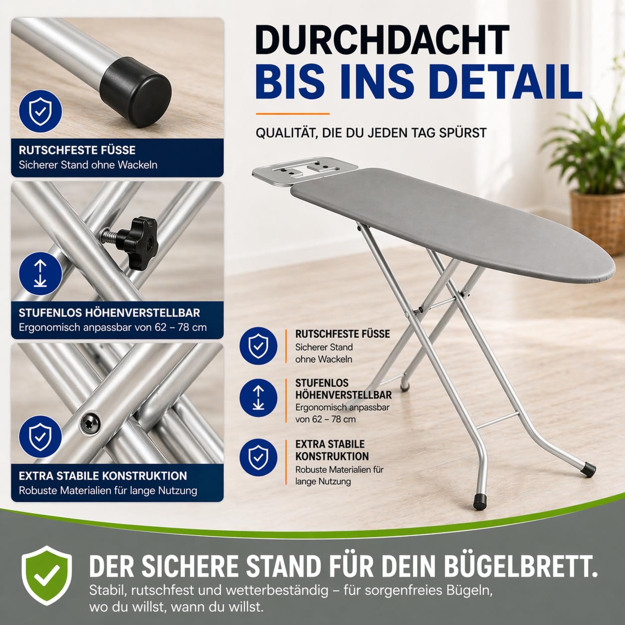 VELORA ® Bügelbrett [105x30 Bügelfäche] mit rutschfesten Füßen – robuster Bügeltisch – extra stabiles Bügelbrett [Made IN EU] höhenverstellbar (grau)