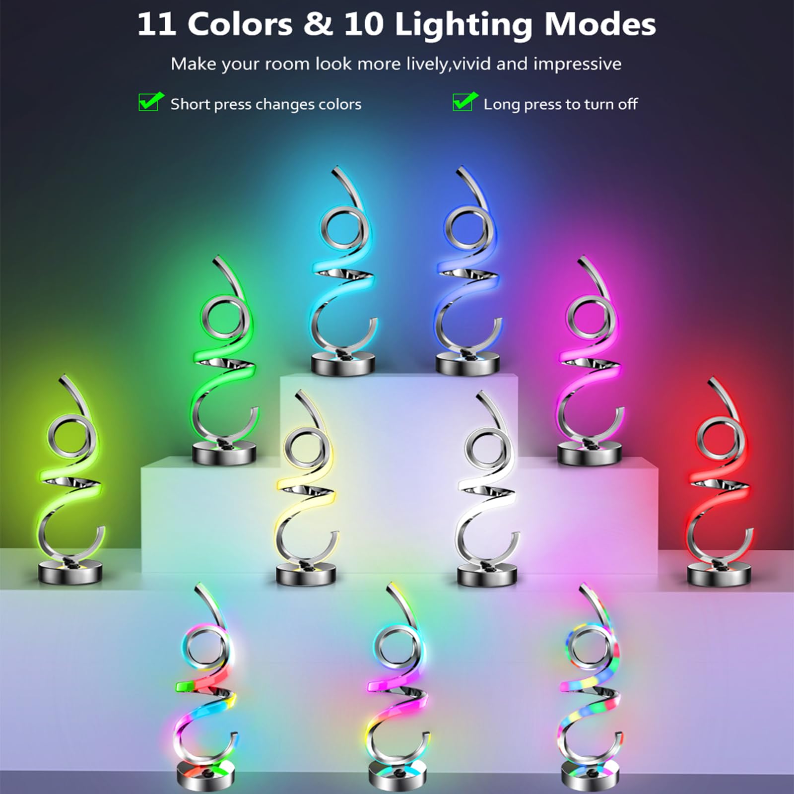 Lámpara LED de noche regulable, RGB blanco cálido, inalámbrico, espiral, moderna, lámpara de mesa con batería, recargable por USB, 10 modos dinámicos con mando a distancia y temporizador, luz nocturna