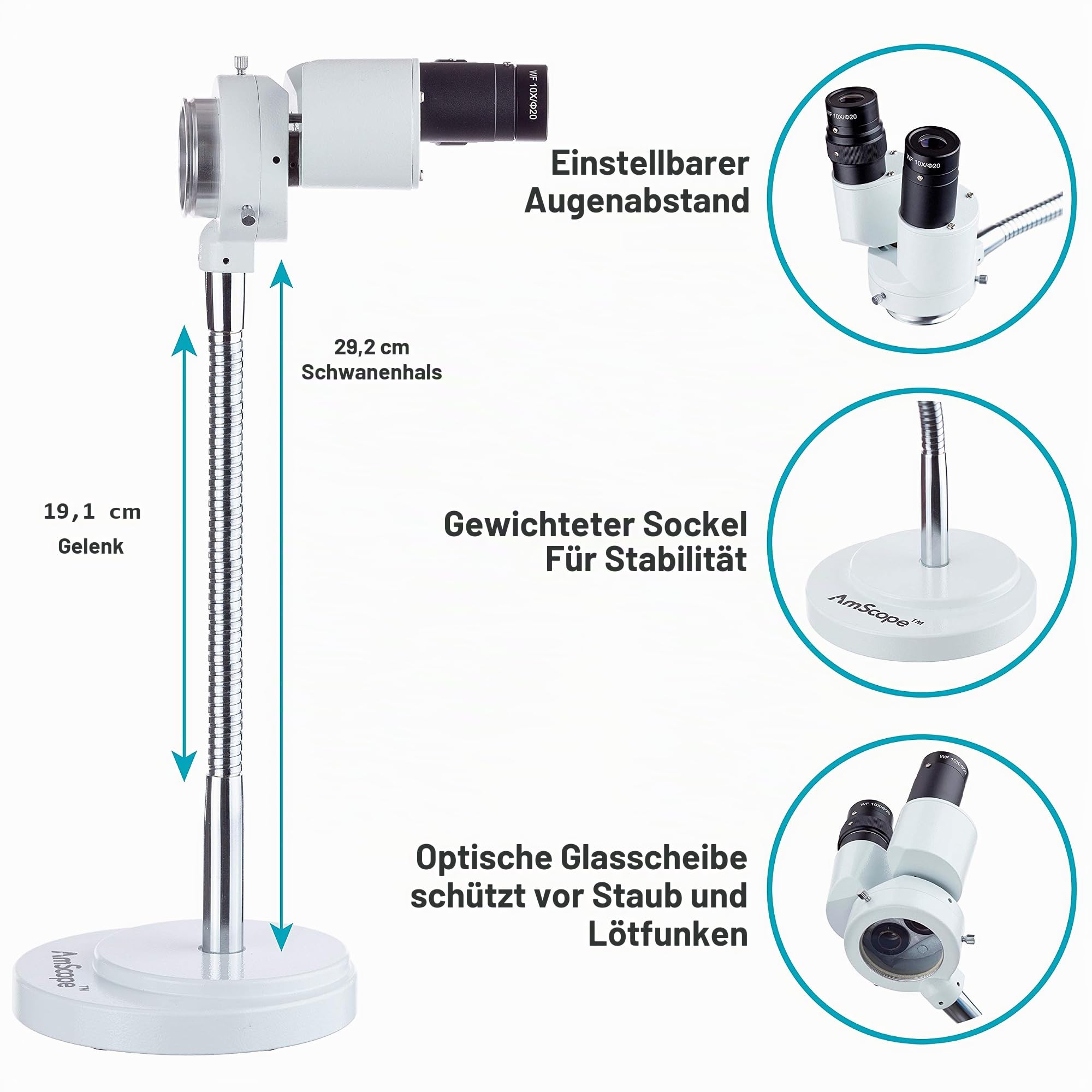 AmScope - Fernglas-Stereo-Mikroskop mit 8-facher Vergrößerung mit 360-Grad-Drehung - Zahnarzt, Labor, elektronische Reparatur, Löten, Schwanenhals-Beleuchtung - SE508