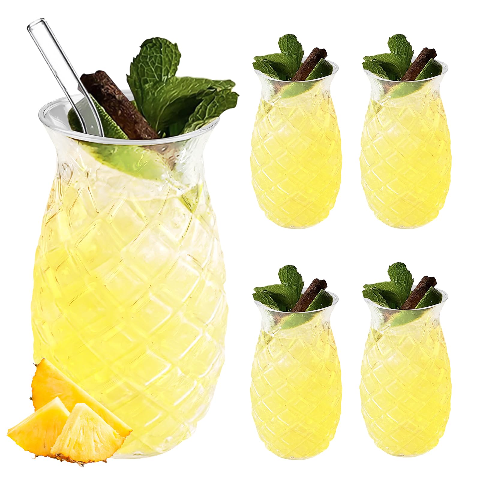 Set di 4 bicchieri di ananas: 400 ml, trasparenti da cocktail con rilievo di ananas, riutilizzabili, per feste, succhi di frutta, long drink, a forma di ananas, perfetti per casa, ristoranti e