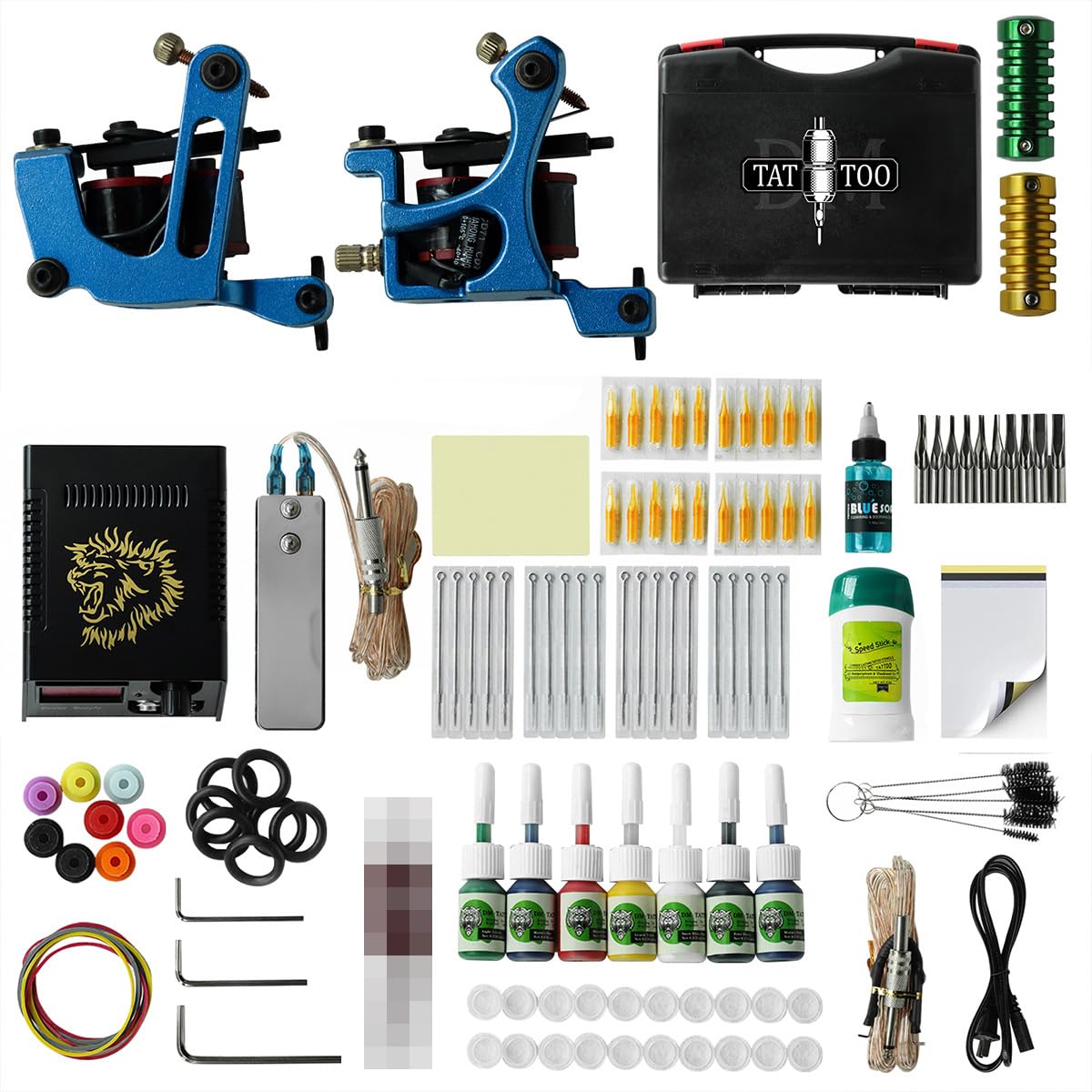 Kit de máquina de tatuaje de doble bobina: equipo de tatuaje con fuente de alimentación digital, pedal, cartuchos y estuche de transporte