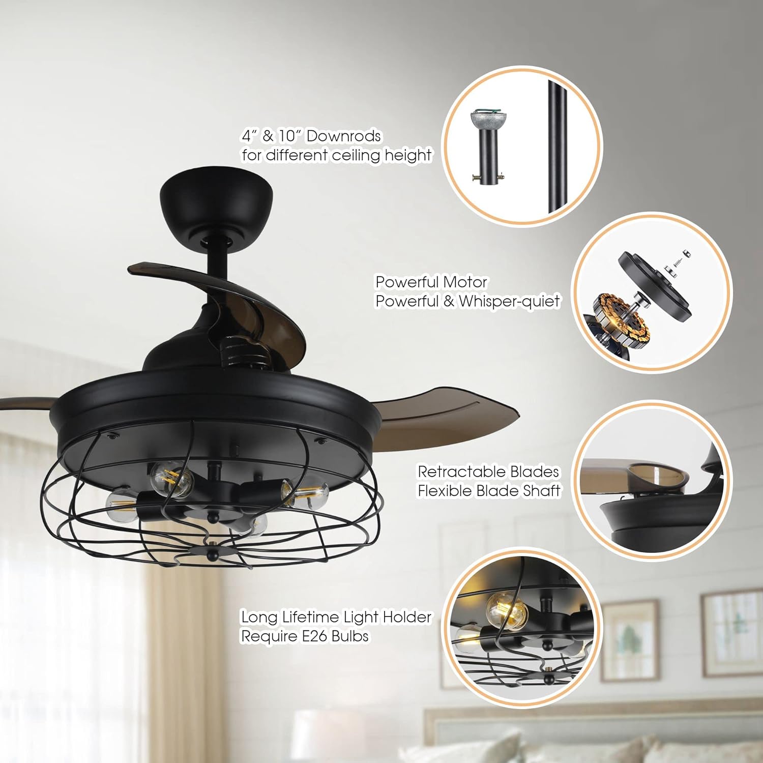 Parrot Uncle Ceiling Fans with Lights and Remote Black Bedroom Ceiling Fan with Light and Retractable Blades, 36 Inch