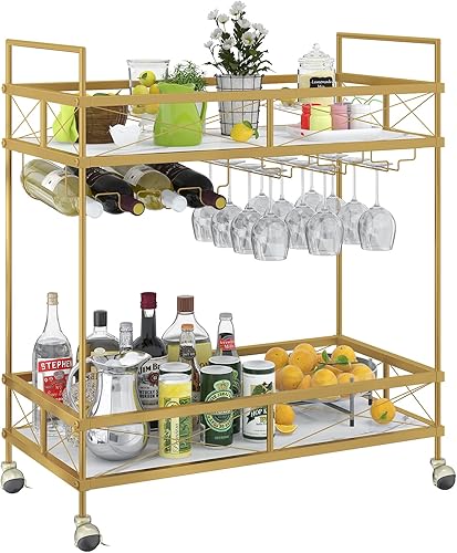 ASYA The Home Bar - Carrito de servicio dorado con estantes de mármol y estante para vino, moderno carrito de mini bar con ruedas para comedor, sala