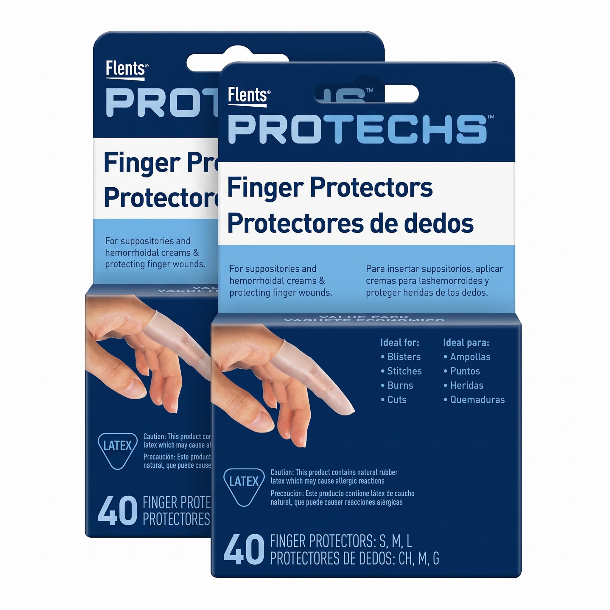 Flents Protechs Finger Protectors &amp; Toes Cots, Ideal for Blisters, Scrapes, Stitches, Burns and Cuts, Moisture and Dirt Proof, Rubber, Assorted Sizes (S/M/L), 40 Count (Packaging May Vary) (Pack of 2)
